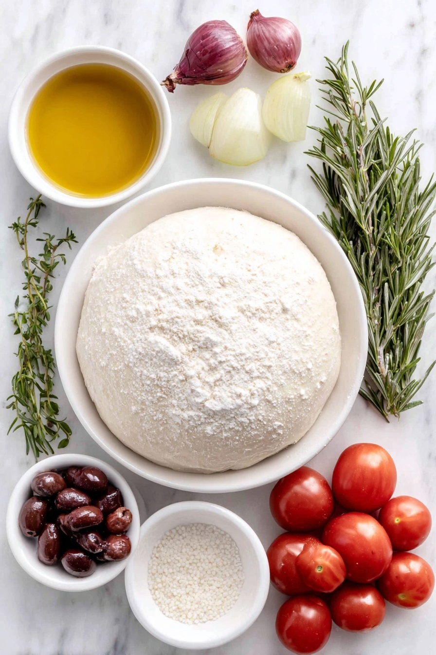 Flat lay of a small mound of bread flour on a simple white ceramic plate, a few pearl onions halved showing their white and purple layers, a handful of whole cherry tomatoes with deep red skins, a few thin crescent slices of fresh green pear, several fresh rosemary sprigs with needle-like leaves, a small white bowl filled with golden olive oil, a small white bowl with coarse salt crystals, a small white bowl with warm water reflecting soft light, a tiny heap of active dry yeast granules on a white ceramic dish placed on a clean white marble surface, soft natural light, photo taken with an iPhone, professional food photography style, fresh ingredients, white ceramic bowls, no bottles, no duplicates, no utensils, no packaging --ar 2:3 --v 7 --p m7354615311229779997 - Festive Christmas Tree Focaccia, Christmas tree bread, holiday focaccia recipe, Christmas bread ideas, festive bread decoration
