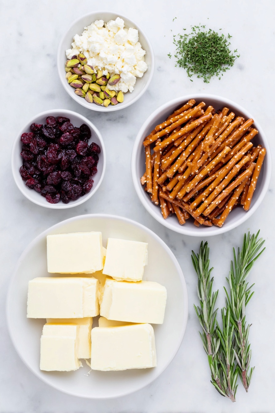 Flat lay of sixteen fresh, creamy wedges of Laughing Cow cheese with smooth surface, a small mound of finely chopped salted and roasted shelled pistachios with vibrant green and beige tones, a small heap of finely chopped fresh rosemary sprigs bright green in color, a small pile of finely chopped dried cranberries rich deep red, and eight golden brown pretzel sticks broken into two pieces each arranged neatly in a simple white ceramic bowl, all ingredients naturally fresh and unwrapped, placed on a clean white marble surface, soft natural light, photo taken with an iPhone, professional food photography style, fresh ingredients, white ceramic bowls, no bottles, no duplicates, no utensils, no packaging --ar 2:3 --v 7 --p m7354615311229779997 - Cheese Christmas Tree Appetizers, festive holiday appetizer ideas, easy party finger foods, Christmas party appetizers, cheese holiday snacks