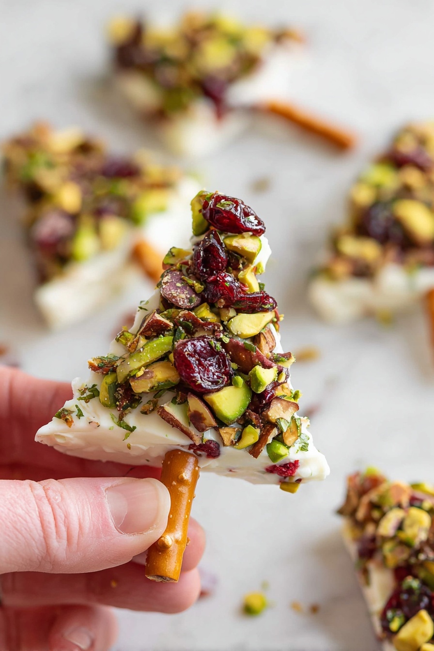 The image shows a close-up of a small, triangular-shaped white cheese piece on a white marbled surface. The cheese is covered on one side with a colorful mix of chopped green pistachios, red dried cranberries, and small brown nuts with green herbs scattered throughout, giving a textured and varied appearance. A lightly tanned pretzel stick is placed at the bottom of the triangle as a stick, held by a person's fingers. In the background, several similar cheese triangles on pretzel sticks are scattered out of focus. Photo taken with an iphone --ar 2:3 --v 7 - Cheese Christmas Tree Appetizers, festive holiday appetizer ideas, easy party finger foods, Christmas party appetizers, cheese holiday snacks