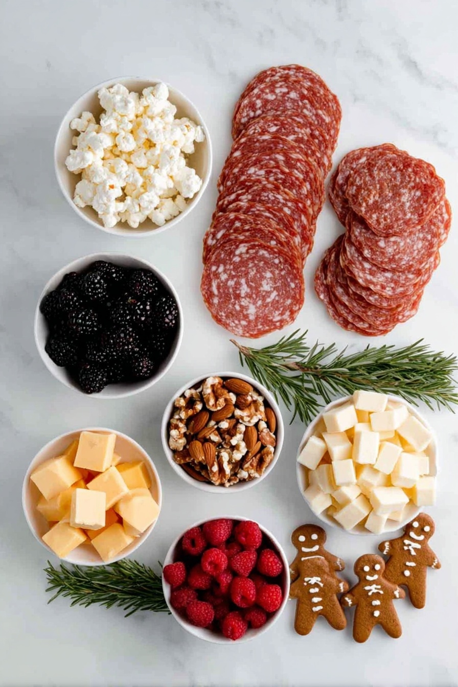 Flat lay of thin folded slices of hard Italian salami and Salame di Parma arranged in delicate triangles, small white ceramic bowls of mini Brie bites, cubes of smoked Gouda, and aged Gouda cut into Christmas tree shapes, a simple handful of mixed nuts and Jordan almonds in small white bowls, fresh blackberries and raspberries placed individually, sprigs of rosemary laid symmetrically, and plain Christmas tree shaped lahvosh crackers and gingerbread man cookies arranged neatly — all displayed on simple white ceramic plates and bowls, balanced and symmetrical composition placed on a clean white marble surface, soft natural light, photo taken with an iPhone, professional food photography style, fresh ingredients, white ceramic bowls, no bottles, no duplicates, no utensils, no packaging --ar 2:3 --v 7 --p m7354615311229779997 - Festive Charcuterie Cups with Salami and Brie, Holiday appetizer, Easy Christmas party snacks, Festive appetizer ideas, Salami and Brie appetizer