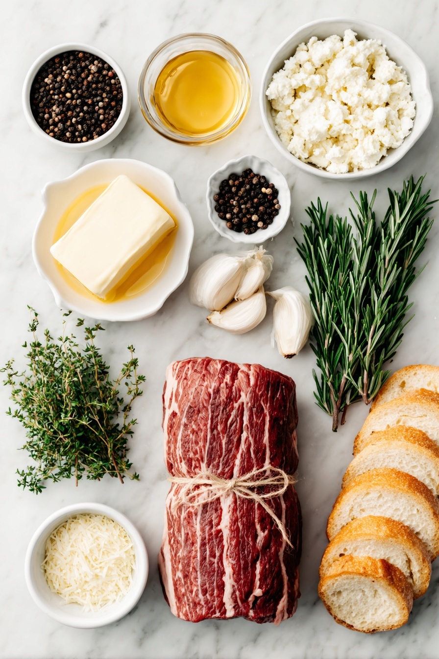 Flat lay of a whole raw beef tenderloin tied with butcher’s twine, a small white ceramic bowl of crushed black peppercorns, a small pile of coarse sea salt crystals, a stick of salted butter, several garlic cloves lightly smashed, fresh rosemary sprigs, fresh thyme sprigs, fresh sage leaves, a whole baguette sliced and toasted, a small white ceramic bowl of creamy goat cheese, a small white ceramic bowl with honey, a small white ceramic bowl filled with dry white wine, a small white ceramic bowl with heavy cream, a small white ceramic bowl containing grated Parmesan cheese, all arranged symmetrically and balanced, placed on a clean white marble surface, soft natural light, photo taken with an iPhone, professional food photography style, fresh ingredients, white ceramic bowls, no bottles, no duplicates, no utensils, no packaging --ar 2:3 --v 7 --p m7354615311229779997 - Beef Tenderloin Crostini with Parmesan Wine Sauce, elegant beef appetizer, holiday appetizer recipes, easy party hors d'oeuvres, gourmet crostini ideas