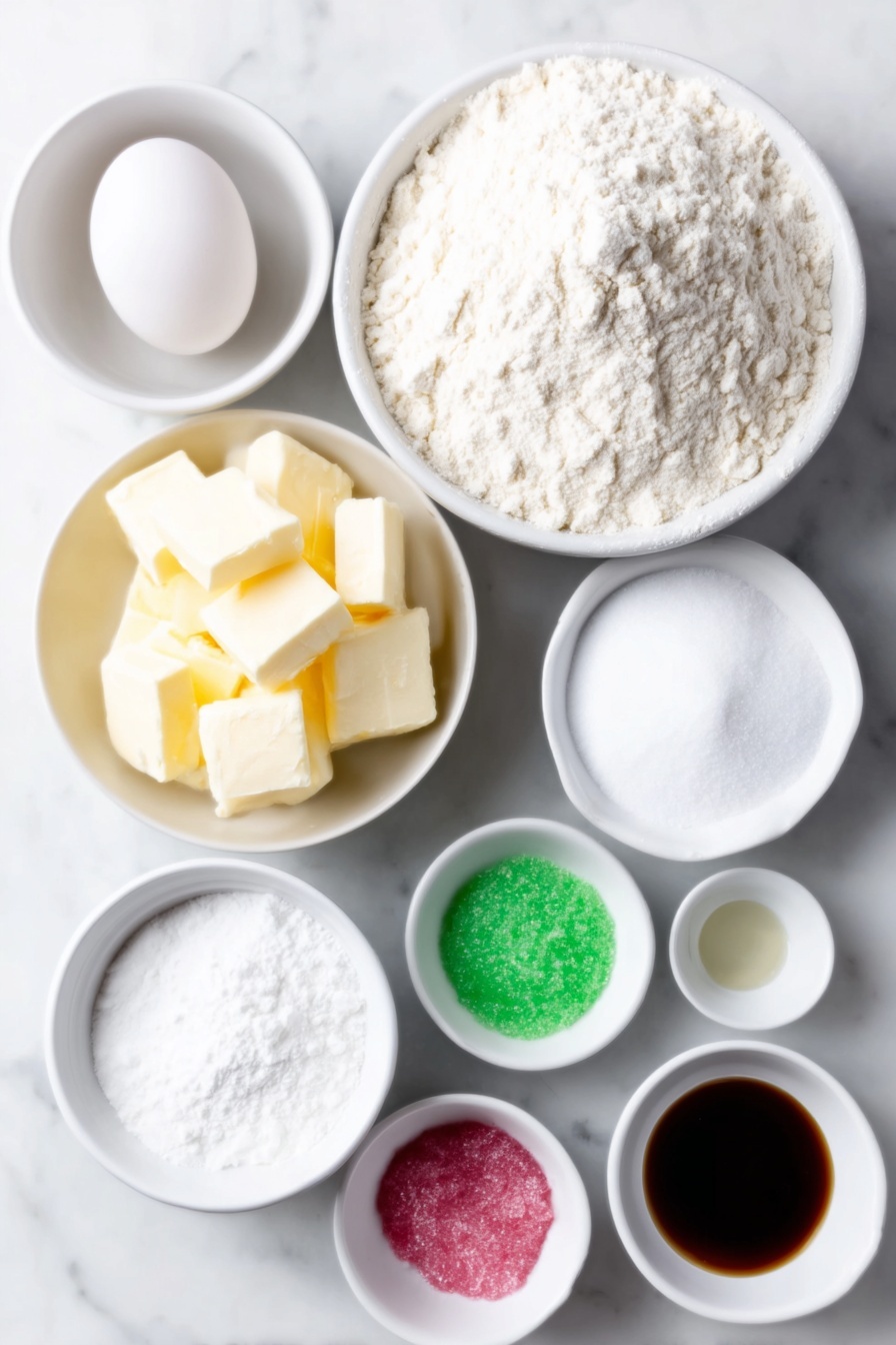 Flat lay of a small mound of unbleached all-purpose flour, a few teaspoons of baking powder scattered beside it, cold salted butter cut into neat cubes, a small white bowl filled with granulated sugar, one whole clean egg with an uncracked shell, a small white bowl holding clear vanilla extract, a small white bowl containing almond extract, a small white bowl of meringue powder, a small white bowl of water, a small white bowl heaped with powdered sugar, a small white bowl with light corn syrup, and small piles of pink, red, and green gel icing colors placed symmetrically, all arranged on a simple white ceramic surface, placed on a clean white marble surface, soft natural light, photo taken with an iPhone, professional food photography style, fresh ingredients, white ceramic bowls, no bottles, no duplicates, no utensils, no packaging --ar 2:3 --v 7 --p m7354615311229779997 - Peppermint Sugar Cookies with Royal Icing, holiday peppermint cookies, festive sugar cookies, peppermint cookie recipe, Christmas sugar cookies