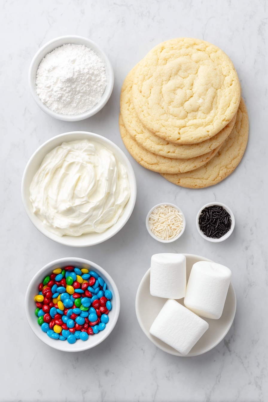Flat lay of a stack of round sugar cookies with a golden-baked texture, a small white ceramic bowl filled with smooth white royal icing, another small white ceramic bowl containing thick black royal icing, a few white marshmallows cut in half showing their fluffy interior, a scattering of long orange sprinkles shaped like carrot noses, a small pile of colorful candy-coated M&Ms, all arranged symmetrically on a clean white marble surface, soft natural light, photo taken with an iPhone, professional food photography style, fresh ingredients, white ceramic bowls, no bottles, no duplicates, no utensils, no packaging --ar 2:3 --v 7 --p m7354615311229779997 - Melted Snowman Cookies, Christmas Cookie Ideas, Holiday Treat Recipes, Cute Snowman Cookies, Winter Dessert Recipes