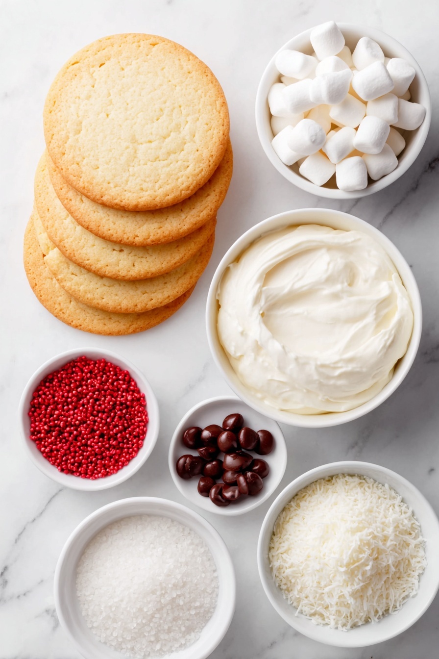 Flat lay of a stack of round pale golden sugar cookies, a small white bowl filled with smooth vanilla frosting, two shiny black candy eyes, a single glossy cinnamon red candy, a small white bowl holding bright red sugar sprinkles, a small white bowl with fluffy sweetened shredded coconut, a cluster of white miniature marshmallows, placed on a clean white marble surface, soft natural light, photo taken with an iPhone, professional food photography style, fresh ingredients, white ceramic bowls, no bottles, no duplicates, no utensils, no packaging --ar 2:3 --v 7 --p m7354615311229779997 - Santa Sugar Cookies, holiday sugar cookies, festive holiday baking, Christmas cookie decorating, easy holiday cookie recipe