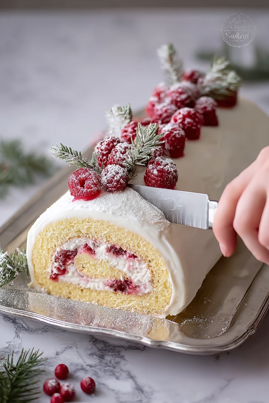A rolled cake is placed on a silver tray with a white marbled background. The cake has two visible layers: a light yellow sponge layer on the outside and a white creamy filling layered with red raspberry pieces in the inside. The outside of the cake is covered with a smooth white frosting. On top, there are fresh red raspberries and green sprigs, lightly dusted with powdered sugar. A woman's hand holds a knife slicing the cake from the right side. The image has a soft, festive feel. photo taken with an iphone --ar 2:3 --v 7 - Christmas Raspberry Cake Roll, festive holiday dessert, raspberry and white chocolate cake, holiday cake ideas, light sponge cake for Christmas