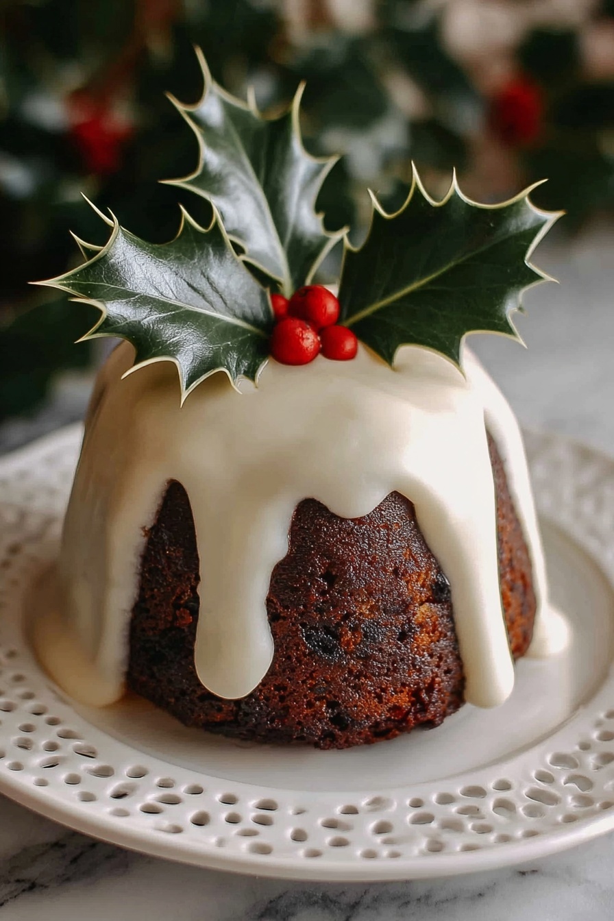 A small dark brown cake with a rough texture sits at the center of a round white plate with decorative holes along the edge. The cake is covered with a thick, smooth white icing that drips down unevenly around its sides. On top of the icing, there is a sprig of green holly leaves with sharp edges and three small, bright red berries. The background shows some blurred green holly leaves, all set on a white marbled surface. photo taken with an iphone --ar 2:3 --v 7 - British Christmas Pudding with Brandy, traditional Christmas pudding recipe, festive British dessert, homemade Christmas pudding, how to make Christmas pudding