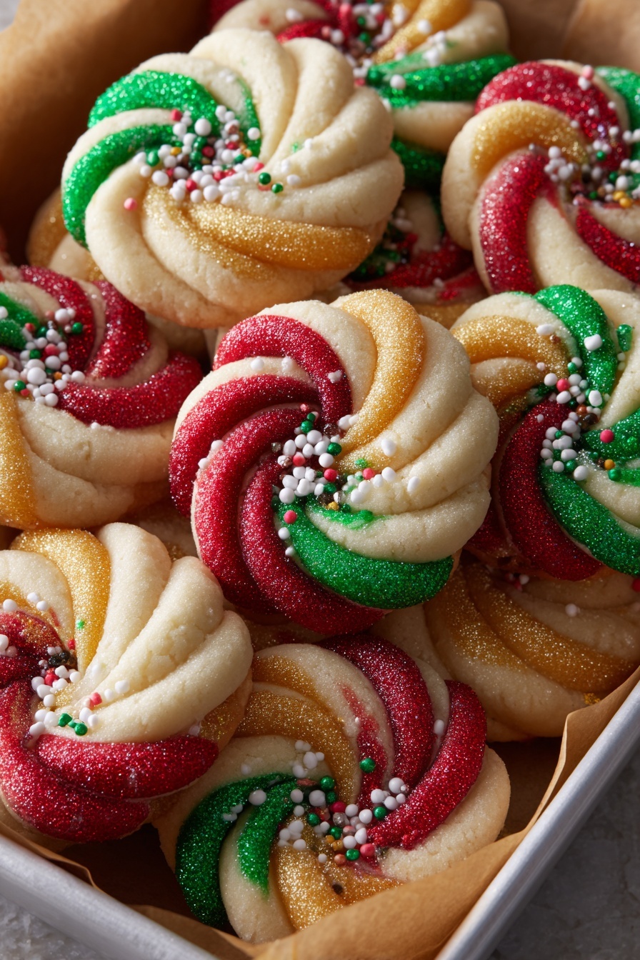 The image shows a close-up of many round swirl cookies placed in a white tray lined with brown paper. Each cookie has a thick twisted design with two colors blended together in the swirls: bright red and creamy white, shiny gold and creamy white, or green and creamy white. The cookies are topped with small white sugar crystals and some multi-colored small round sprinkles, adding a textured look. The white swirls are soft and smooth, contrasting with the glittery bright colors that look grainy and sugar-coated. The cookies are arranged close to each other, filling the tray fully. Photo taken with an iphone --ar 2:3 --v 7 - Festive Christmas Cookies with Bright Icing, Christmas cookie decorating ideas, holiday cookie recipes, Twisted Christmas Cookies, bright icing Christmas treats