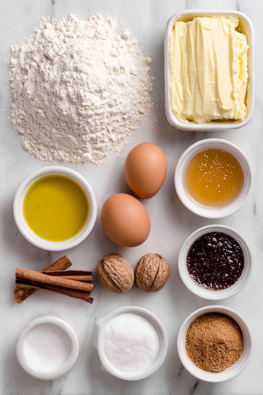 Flat lay of a small mound of white all-purpose flour, a few whole brown nutmegs and cinnamon sticks, a small pile of ground ginger and ground cloves and ground cinnamon powders arranged neatly, a small white ceramic bowl of solid refined coconut oil, a small white ceramic bowl filled with dark amber molasses, a small white ceramic bowl containing pure maple syrup, a small white ceramic bowl heaped with dark brown sugar, two whole uncracked brown eggs, a small white ceramic bowl filled with aquafaba (liquid from chickpeas), another small white ceramic bowl with sifted powdered sugar, a tiny white ceramic bowl holding clear vanilla extract, and a separate tiny white ceramic bowl of clean water droplets, all placed on a clean white marble surface, soft natural light, photo taken with an iPhone, professional food photography style, fresh ingredients, white ceramic bowls, no bottles, no duplicates, no utensils, no packaging --ar 2:3 --v 7 --p m7354615311229779997 - Vegan Gingerbread Cookies, plant-based gingerbread cookies, healthy holiday cookies, vegan holiday treats, gluten-free gingerbread cookies
