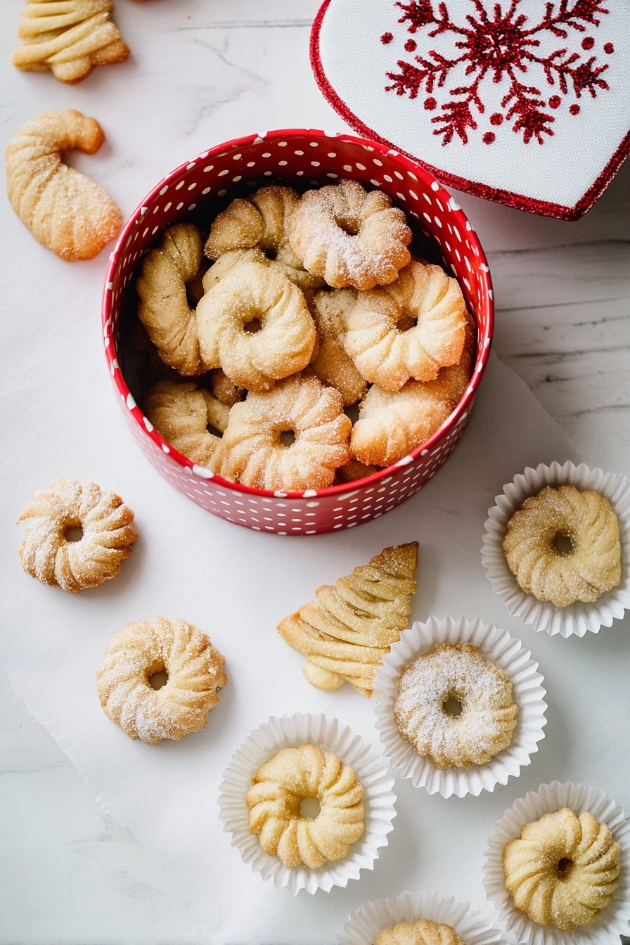 A red round box with white polka dots filled with small golden-brown cookies of different shapes sits on a white marbled surface. Outside the box, individual cookies are placed inside white paper cups, showing swirled, ring, and Christmas tree shapes dusted lightly with sugar. The cookies look crisp and have soft shadows beneath them. To the top right, a white heart-shaped decoration with red snowflake embroidery is visible. photo taken with an iphone --ar 2:3 --v 7 - Vegan Danish Butter Cookies, vegan buttery cookies, dairy-free Danish cookies, plant-based cookie recipes, vegan buttery shortbread