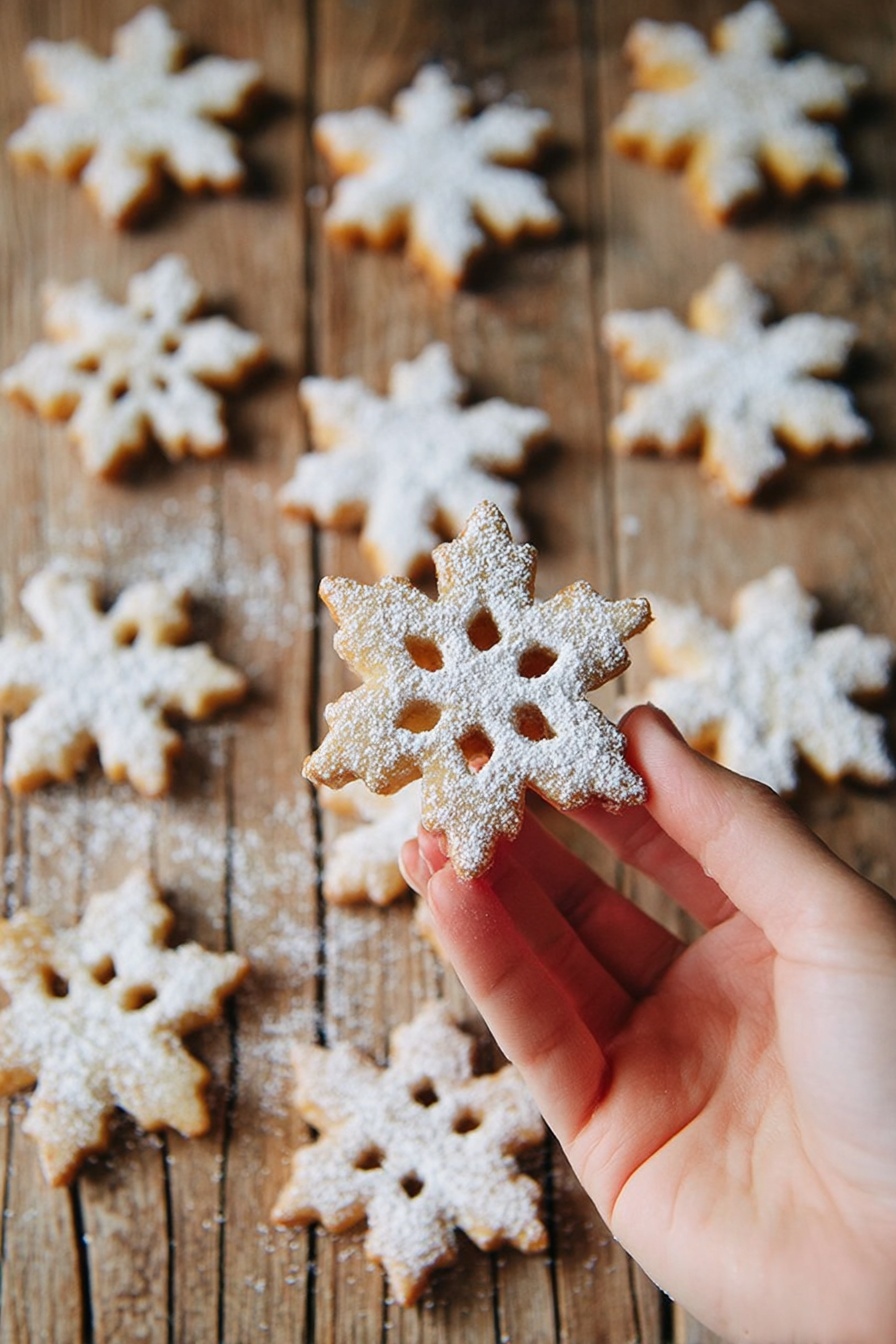 A woman's hand is holding a snowflake-shaped cookie dusted with white powdered sugar, showing its light golden-brown color and cut-out pattern with six rounded petals and points. Below, there are twelve more similar snowflake-shaped cookies spread out on a wooden surface sprinkled with powdered sugar, creating a soft, snowy effect. The cookies have a slightly rough texture and a light, warm tint. The wooden surface has natural cracks and grain lines, adding rustic warmth to the image. Photo taken with an iphone --ar 2:3 --v 7 - Vegan Cinnamon Snowflake Cookies, vegan holiday cookies, festive plant-based cookies, cinnamon cookies recipe, snowflake shaped cookies