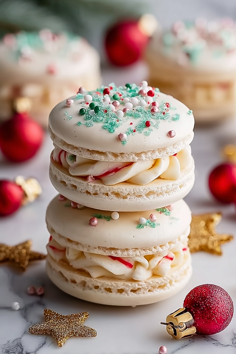 The image shows two stacked macarons on a white marbled surface, each with three layers: the bottom and top layers are smooth, round, light creamy beige shells, topped with white icing that has small red, green, and white round sprinkles and a dusting of powdered sugar. The middle layer is a twisted cream filling with red and white stripes resembling a candy cane, with one macaron having a soft green shell layer instead of creamy beige. Around them are small golden star-shaped ornaments and red snowflake star sprinkles, all dusted lightly with powdered sugar. Photo taken with an iphone --ar 2:3 --v 7 - Christmas Tree Macarons, festive holiday macarons, mint green Christmas cookies, holiday macaron recipes, Christmas dessert ideas