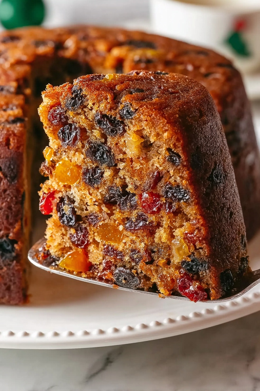 A close-up of a sliced fruit cake with a deep brown crust and a dense inside showing many pieces of dark raisins and bright orange and red dried fruits mixed throughout. The cake is thick and round, with one large slice held up by a silver cake server, showing the detailed texture full of fruit bits. The cake sits on a white plate with a subtle decorative edge, placed on a white marbled surface. Photo taken with an iphone --ar 2:3 --v 7 - Healthy Fruit Nut Bundt Cake, healthy fruit cake, nut and fruit bundt cake, nutritious fruit cake recipe, light fruit nut cake