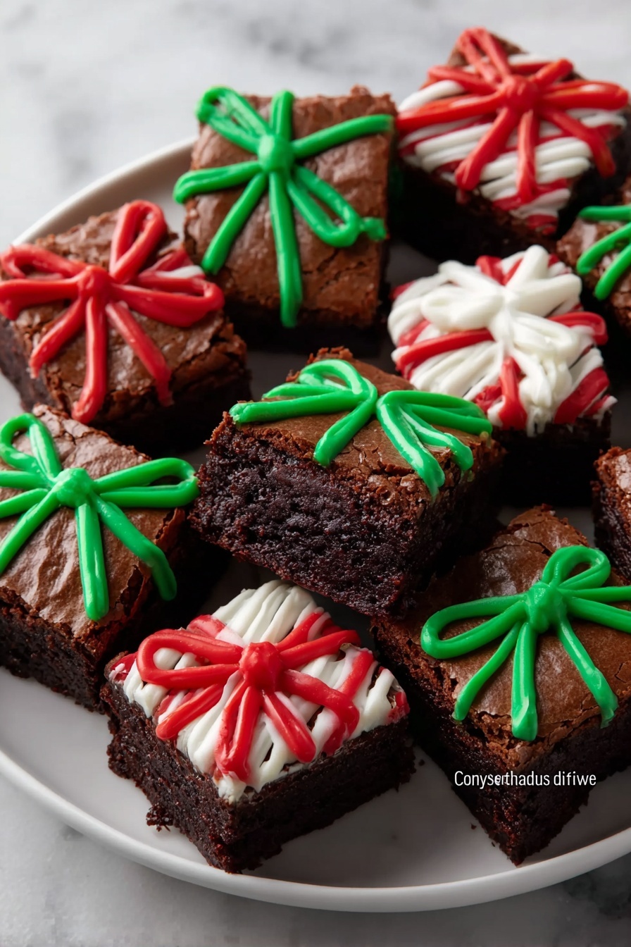 The image shows a white plate full of square chocolate brownies, each decorated like a gift box with colorful icing ribbons and bows on top. There are three layers visible on each brownie: the dark brown, slightly cracked top layer with a shiny, chocolatey texture; the thick, moist, and dense chocolate middle layer inside; and the smooth, vibrant icing layer on top shaped into red, green, and white bows and ribbons crossing the brownies. One brownie in the center is tilted to show the soft, rich inside texture. The plate sits on a white marbled surface. Photo taken with an iphone --ar 2:3 --v 7 - Festive Chocolate Brownie Gifts, holiday brownie gifts, Christmas brownie treats, holiday dessert ideas, festive baking recipes