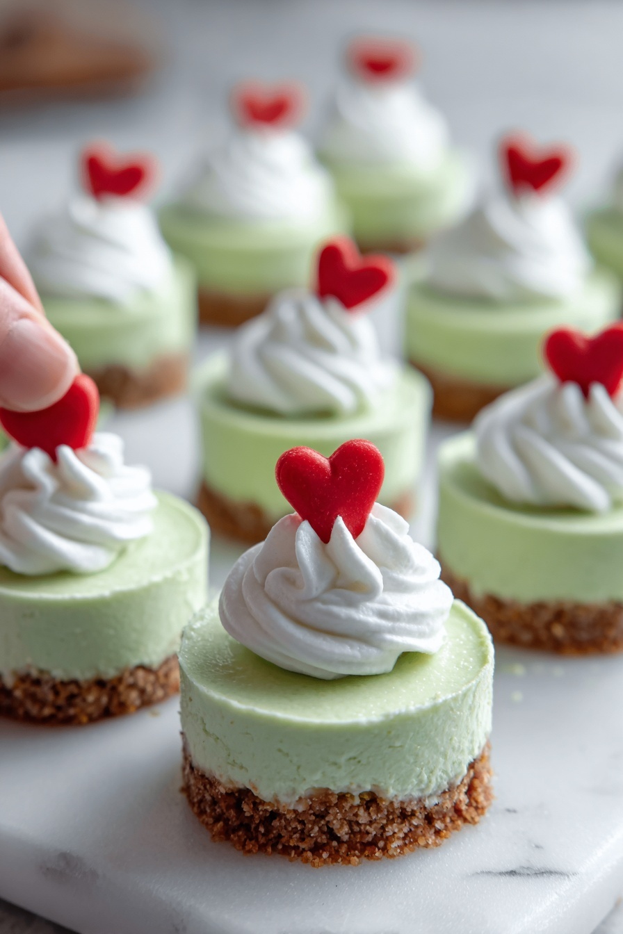This image shows small round desserts on a white marbled surface. Each dessert has three layers: a bottom layer of brown crumbly crust, a middle thick layer of smooth light green cream, and a top layer of white whipped cream shaped like a small swirl. On top of each swirl is a small red heart decoration. The desserts are arranged in rows, with one woman's hand placing a heart decoration on the nearest dessert. photo taken with an iphone --ar 2:3 --v 7 - Grinch Green Mini Cheesecakes, festive holiday cheesecakes, Christmas dessert ideas, cute mini cheesecake recipe, green holiday treats