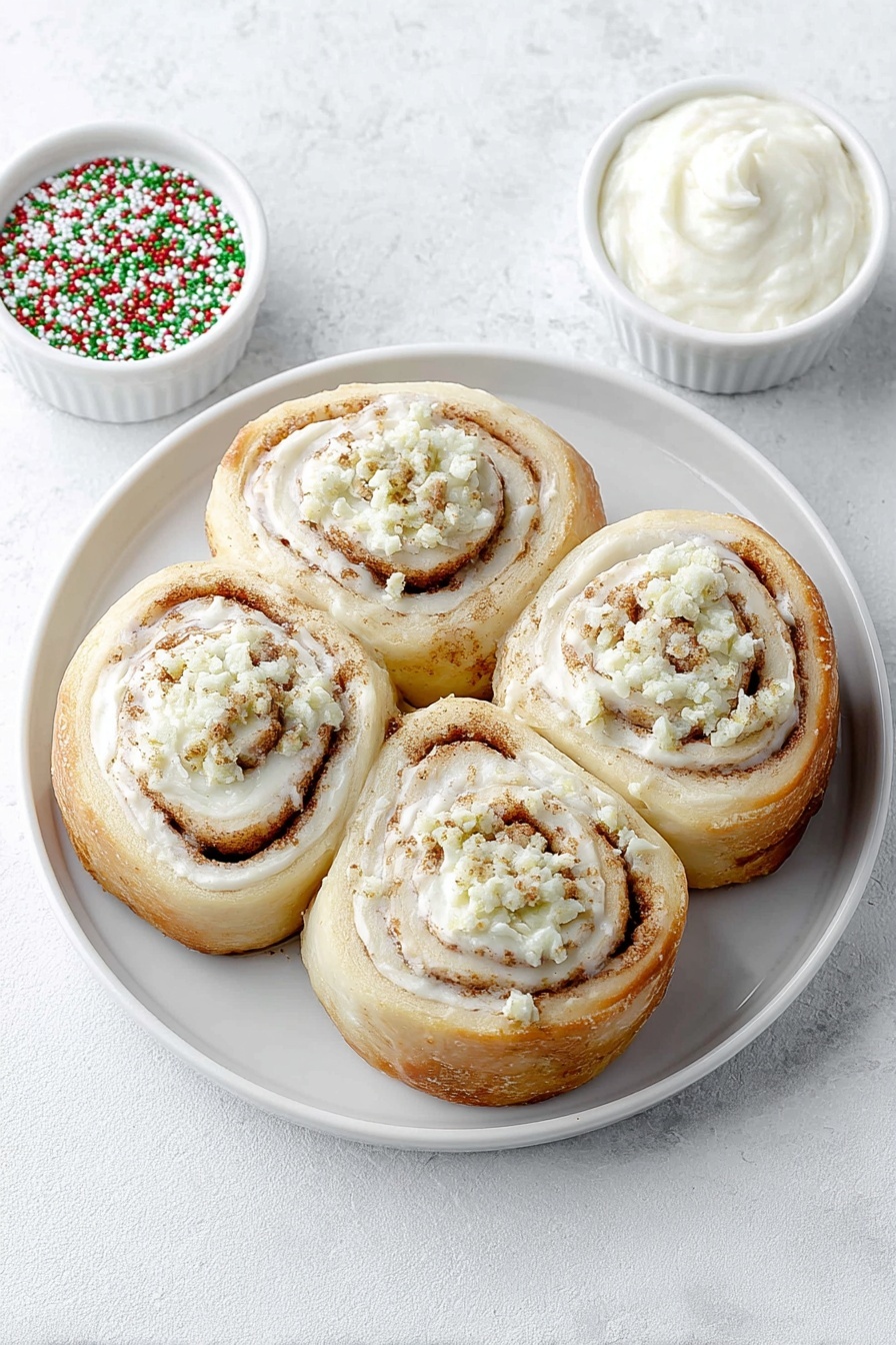Flat lay of five unrolled cinnamon rolls with visible swirls of cinnamon, a small white ceramic bowl filled with creamy white icing, a small white ceramic bowl of colorful Christmas sprinkles in red, green, and white, all arranged in perfect symmetry on a simple white ceramic plate, placed on a clean white marble surface, soft natural light, photo taken with an iPhone, professional food photography style, fresh ingredients, white ceramic bowls, no bottles, no duplicates, no utensils, no packaging --ar 2:3 --v 7 --p m7354615311229779997 - Christmas Tree Cinnamon Rolls, festive cinnamon rolls, holiday breakfast ideas, easy Christmas treats, Christmas baking desserts