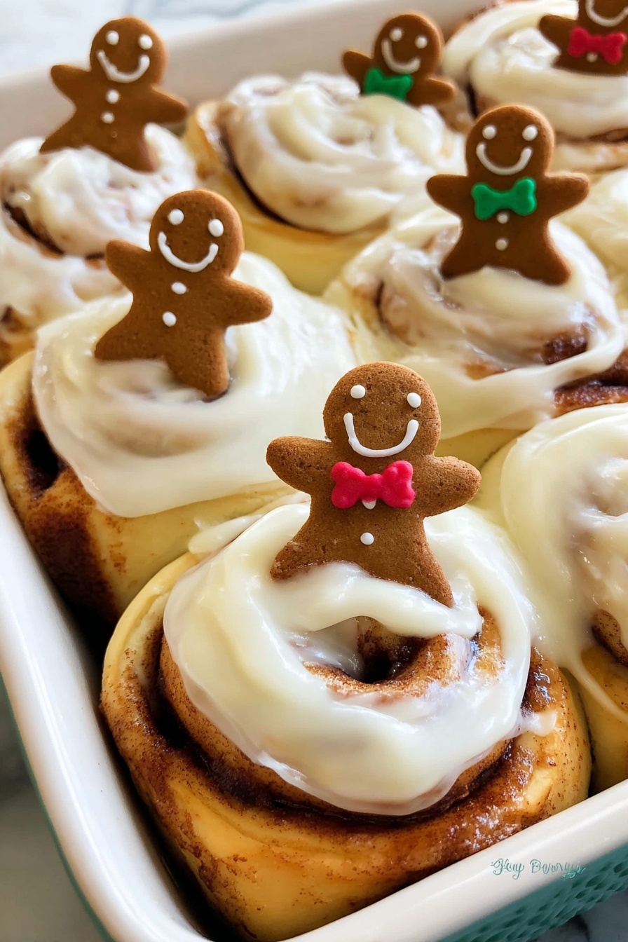 A close-up of soft, swirled cinnamon rolls stacked tightly in a white baking dish, each roll covered with thick, creamy white icing that glistens smoothly on its light golden brown surface. On top of each roll sits a small, smiling gingerbread man cookie with different colored details like green bow ties or red bows, adding a playful and festive touch. The cinnamon layers inside the rolls are visible in shades of rich brown, contrasting with the creamy frosting and dough. The whole scene rests on a white marbled surface. photo taken with an iphone --ar 2:3 --v 7 - Gingerbread Cinnamon Rolls, holiday cinnamon rolls, spiced cinnamon rolls, gingerbread pastry, easy cinnamon roll recipe