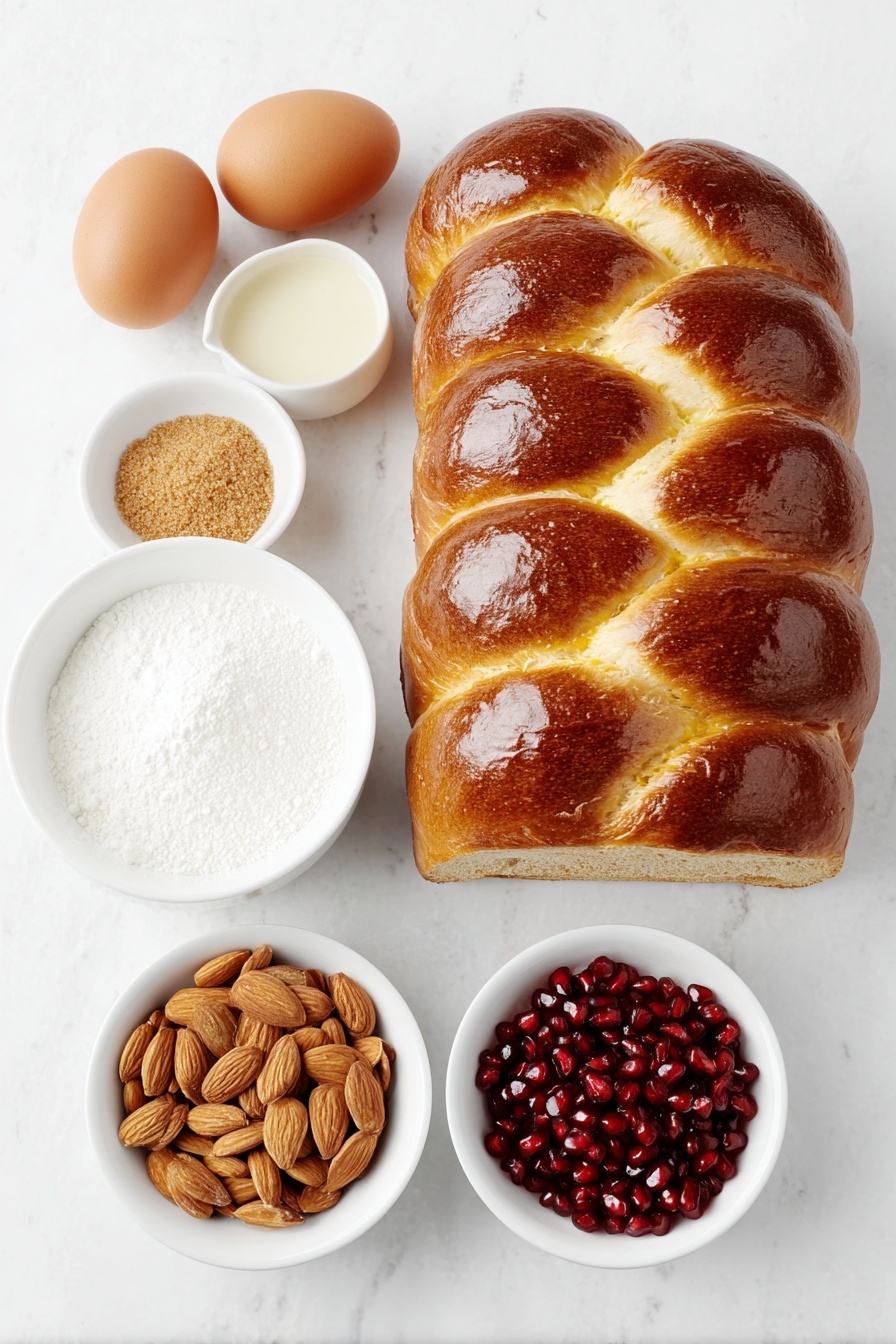 Flat lay of three whole uncracked brown eggs, a small white ceramic bowl of almond milk, a small white ceramic bowl with light brown granulated brown sugar, a small white ceramic bowl of ground cinnamon powder, a pinch of sea salt crystals beside the bowls, several 1-inch diagonal slices of golden challah bread stacked slightly overlapping, a small white ceramic bowl of toasted sliced almonds, a small white ceramic bowl filled with ruby red pomegranate arils, all arranged in perfect symmetry on a clean white marble surface, soft natural light, photo taken with an iPhone, professional food photography style, fresh ingredients, white ceramic bowls, no bottles, no duplicates, no utensils, no packaging --ar 2:3 --v 7 --p m7354615311229779997 - French Toast Bake with Almonds and Fruit, baked French toast with almonds and fruit, easy brunch recipes with almonds, cozy breakfast ideas, make-ahead French toast casserole