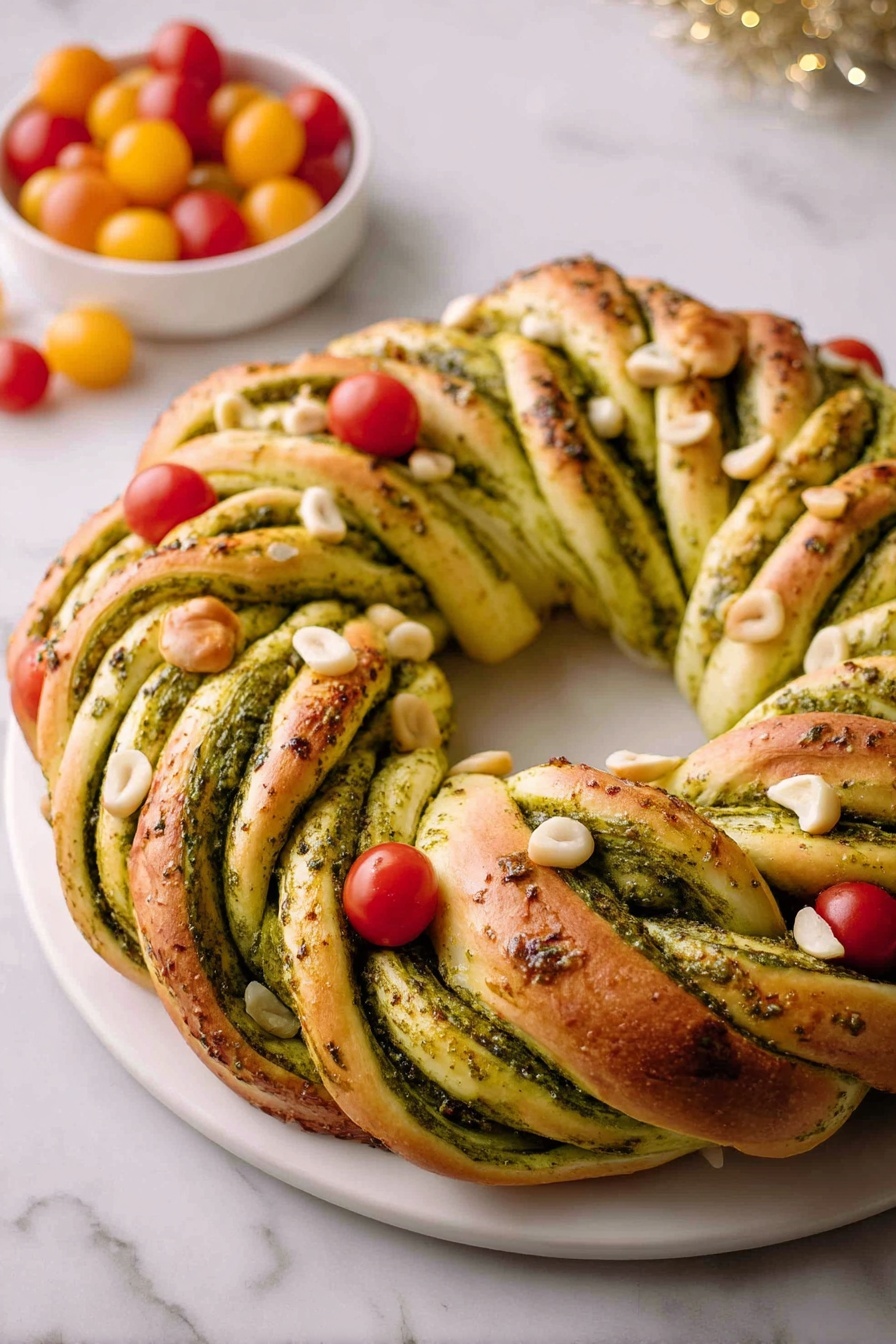 A braided ring-shaped bread with visible layers of dough twisted with a green herb pesto spread evenly throughout each strand. The outer dough is golden brown with a soft, slightly shiny texture, while the green pesto has a dense, oily look inside the twists. The bread is decorated with small red cherry tomatoes and pale round nuts placed evenly on top. It sits on a white plate over a white marbled surface. In the background, there is a small white bowl filled with red and yellow cherry tomatoes. Photo taken with an iphone --ar 2:3 --v 7 - Vegan Pesto Bread Wreath, vegan bread recipes, vegan appetizer ideas, plant-based bread art, festive vegan bread wreath