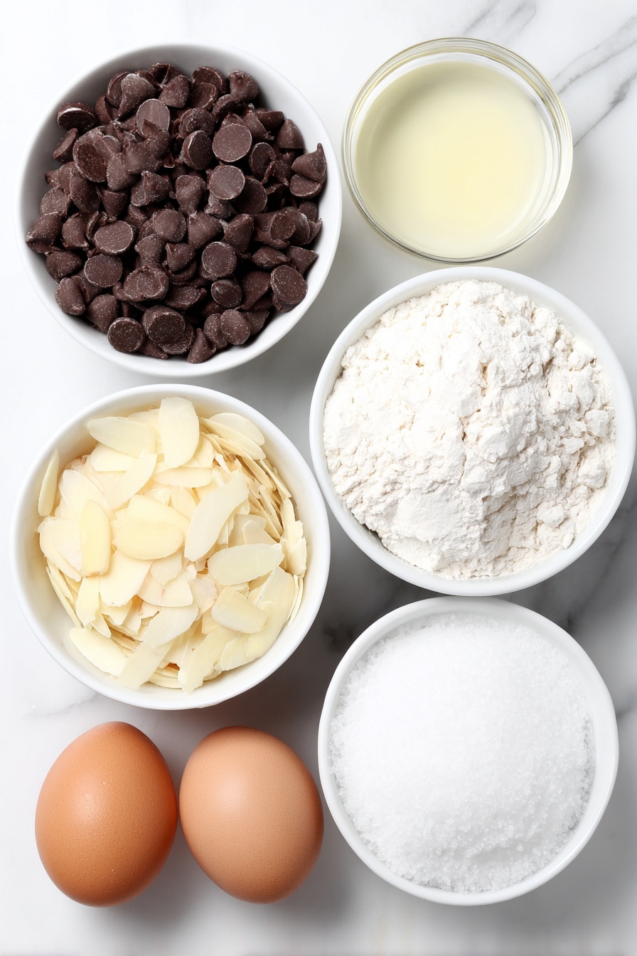 Flat lay of a small white ceramic bowl filled with glossy semi-sweet chocolate chips, a small white ceramic bowl with smooth coconut oil, a neat pile of pale beige sliced almonds, a small white ceramic bowl holding fine white powdered sugar, and a simple white ceramic bowl containing uncracked brown eggs, all arranged symmetrically alongside a small white ceramic bowl with dry, crumbly grain-free boxed brownie mix, placed on a clean white marble surface, soft natural light, photo taken with an iPhone, professional food photography style, fresh ingredients, white ceramic bowls, no bottles, no duplicates, no utensils, no packaging --ar 2:3 --v 7 --p m7354615311229779997 - Viral Pine Cone Brownie Bites, pine cone brownie treats, chocolate brownie bites, holiday dessert ideas, cute dessert recipes