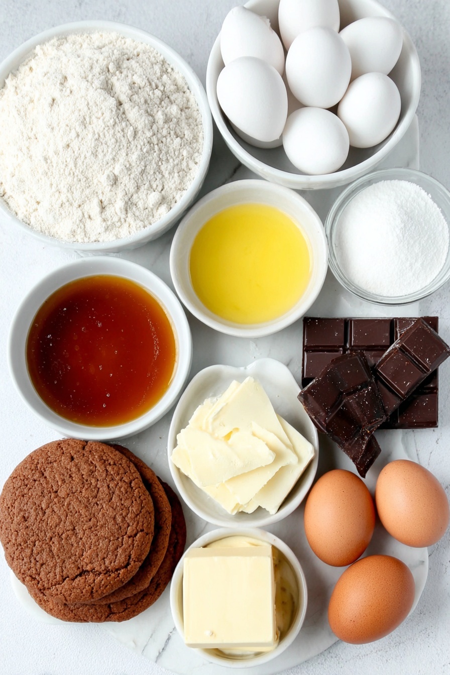 Flat lay of a small white ceramic bowl filled with smooth golden caramel, two whole uncracked brown eggs, a small white ceramic bowl with pale cooking cream, a few chunks of glossy dark chocolate, a small mound of fine white royal icing, a small white ceramic bowl of bright yellow fresh lemon juice, a neat pile of light and dark brown soft brown sugar, a small puddle of shiny golden syrup, a few thick cubes of creamy butter, two simple discs of brown gingerbread dough dusted lightly with flour, a heap of plain flour, a heap of self-raising flour, a scattering of warm brown ground ginger, a small pile of mixed spice, a tiny heap of dark ground cloves, and a pinch of pale bicarbonate of soda—all ingredients arranged in perfect symmetry on a simple white ceramic platter placed on a clean white marble surface, soft natural light, photo taken with an iPhone, professional food photography style, fresh ingredients, white ceramic bowls, no bottles, no duplicates, no utensils, no packaging --ar 2:3 --v 7 --p m7354615311229779997 - Chocolate Gingerbread Caramel Pie, Gingerbread Pie with Chocolate and Caramel, Festive Holiday Dessert, Spiced Chocolate Pie, Elegant Christmas Pie