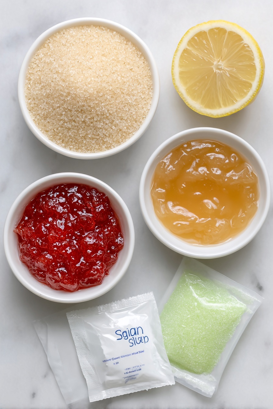 Flat lay of a heaping mound of granulated sugar in a small simple white ceramic bowl, a small white ceramic bowl filled with smooth, golden applesauce, vibrant red cherry Jell-O powder spilling slightly beside a small pile of bright green lime Jell-O powder, two unopened envelopes of translucent unflavored gelatin sheets stacked neatly, a fresh lemon wedge with visible juice droplets resting beside a small white ceramic bowl containing freshly squeezed lemon juice, all arranged in perfect symmetry and realistic proportions on a clean white marble surface, soft natural light, photo taken with an iPhone, professional food photography style, fresh ingredients, white ceramic bowls, no bottles, no duplicates, no utensils, no packaging --ar 2:3 --v 7 --p m7354615311229779997 - Homemade Gelatin Gumdrops, homemade gelatin gummies, chewy candy recipe, DIY gummy candies, customizable jello candies