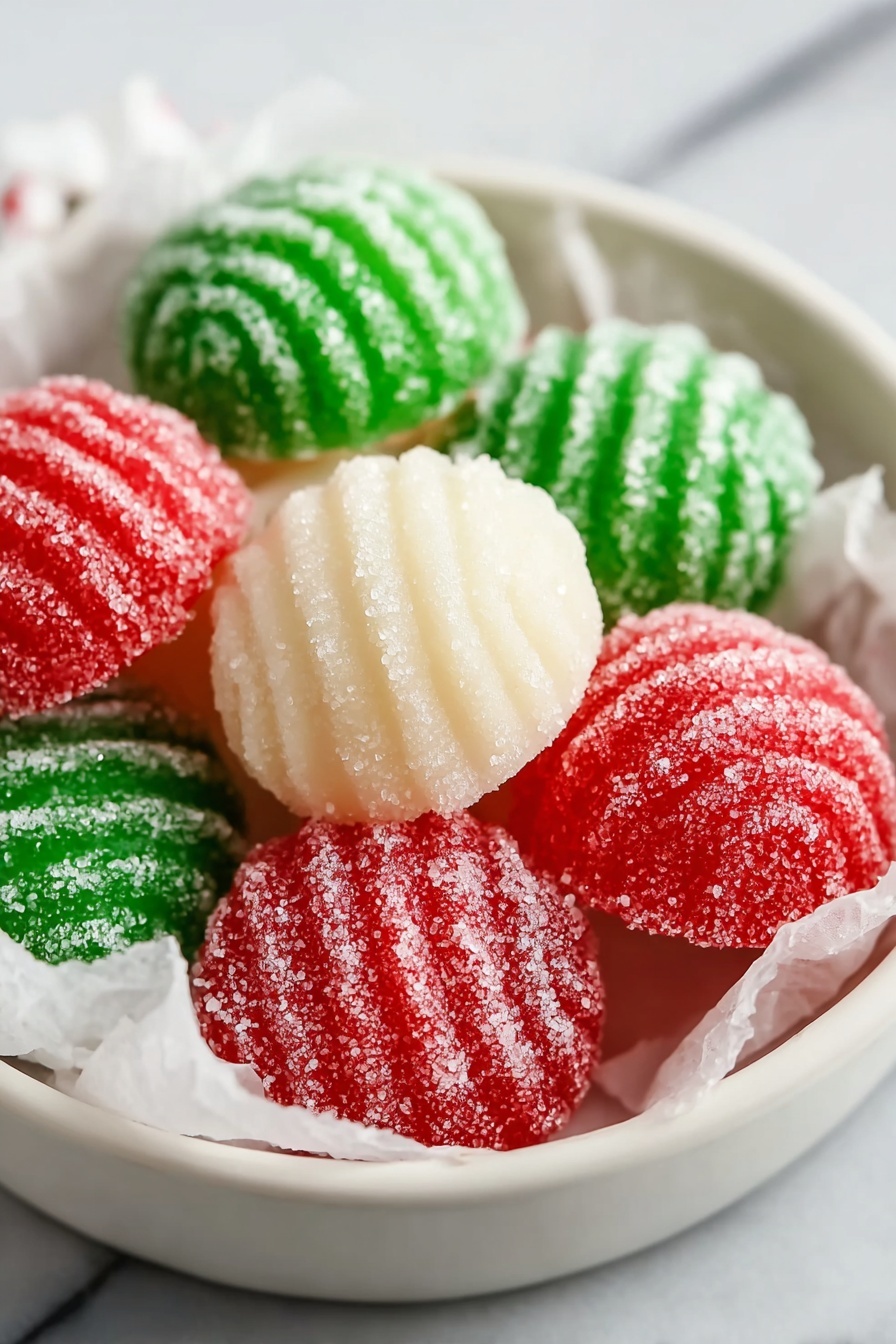 The image shows six round candies arranged in a white bowl lined with white parchment paper. There are three red candies, two green candies, and one white candy in the center. Each candy has a ridged texture with visible sugar crystals covering their surfaces, making them look grainy and sparkly. The candies are neatly placed close to each other on a white marbled surface. Photo taken with an iphone --ar 2:3 --v 7 - No-Bake Peppermint Mints, peppermint candies, winter holiday treats, effortless festive candies, homemade peppermint mints