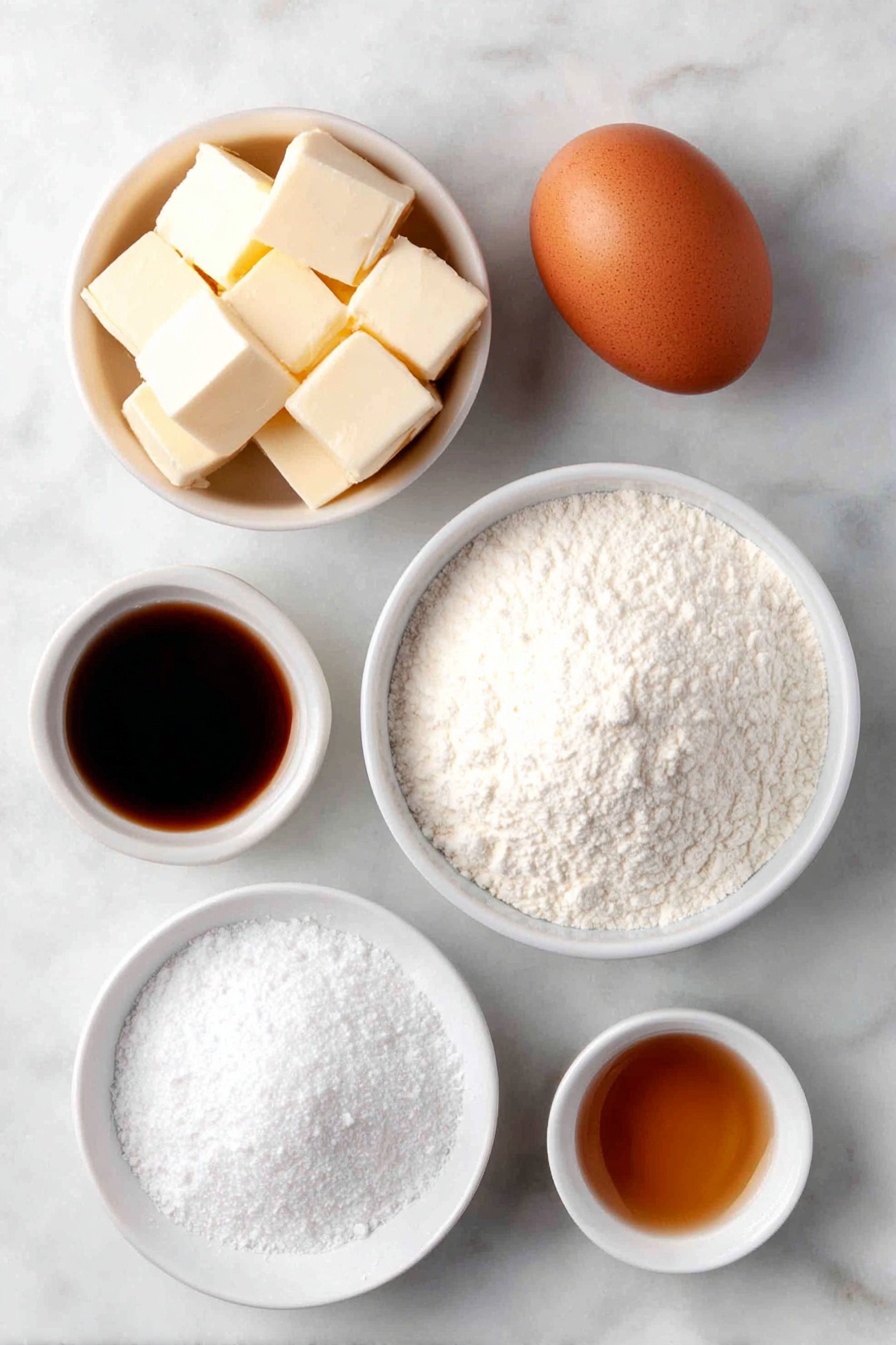 Flat lay of a small pile of pale yellow unsalted butter cubes, a small white ceramic bowl filled with fine white granulated sugar, one large whole brown egg with a clean shell, a small white ceramic bowl holding translucent golden vanilla extract, a neat mound of fine white all-purpose flour, a tiny white ceramic bowl with white baking powder powder, and a tiny white ceramic bowl containing fine white salt crystals, all ingredients arranged in perfect symmetry on a clean white marble surface, soft natural light, photo taken with an iPhone, professional food photography style, fresh ingredients, white ceramic bowls, no bottles, no duplicates, no utensils, no packaging --ar 2:3 --v 7 --p m7354615311229779997 - Vanilla Sugar Cookies, classic sugar cookies, easy sugar cookie recipe, buttery vanilla cookies, holiday sugar cookies