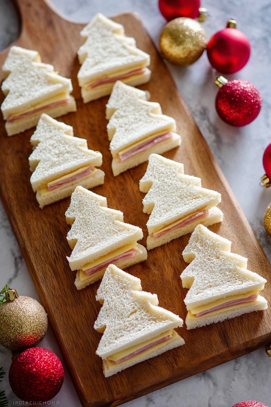 The image shows several small sandwiches shaped like Christmas trees placed on a wooden surface with a white marbled background. Each sandwich has three layers of soft white bread with thin layers of ham and cheese in between. The sandwiches are neatly cut using a metal Christmas tree-shaped cookie cutter, with one sandwich standing upright inside the cutter in the center of the image, while the others lie flat around it. The sandwich layers are clearly visible, showing the pink ham and yellow cheese contrasting with the white bread. The sandwiches have a soft, fluffy texture and some are stacked closely together. Photo taken with an iphone --ar 2:3 --v 7 - Christmas Tree Sandwiches, festive holiday appetizers, easy holiday snacks, kid-friendly Christmas recipes, Christmas party finger foods