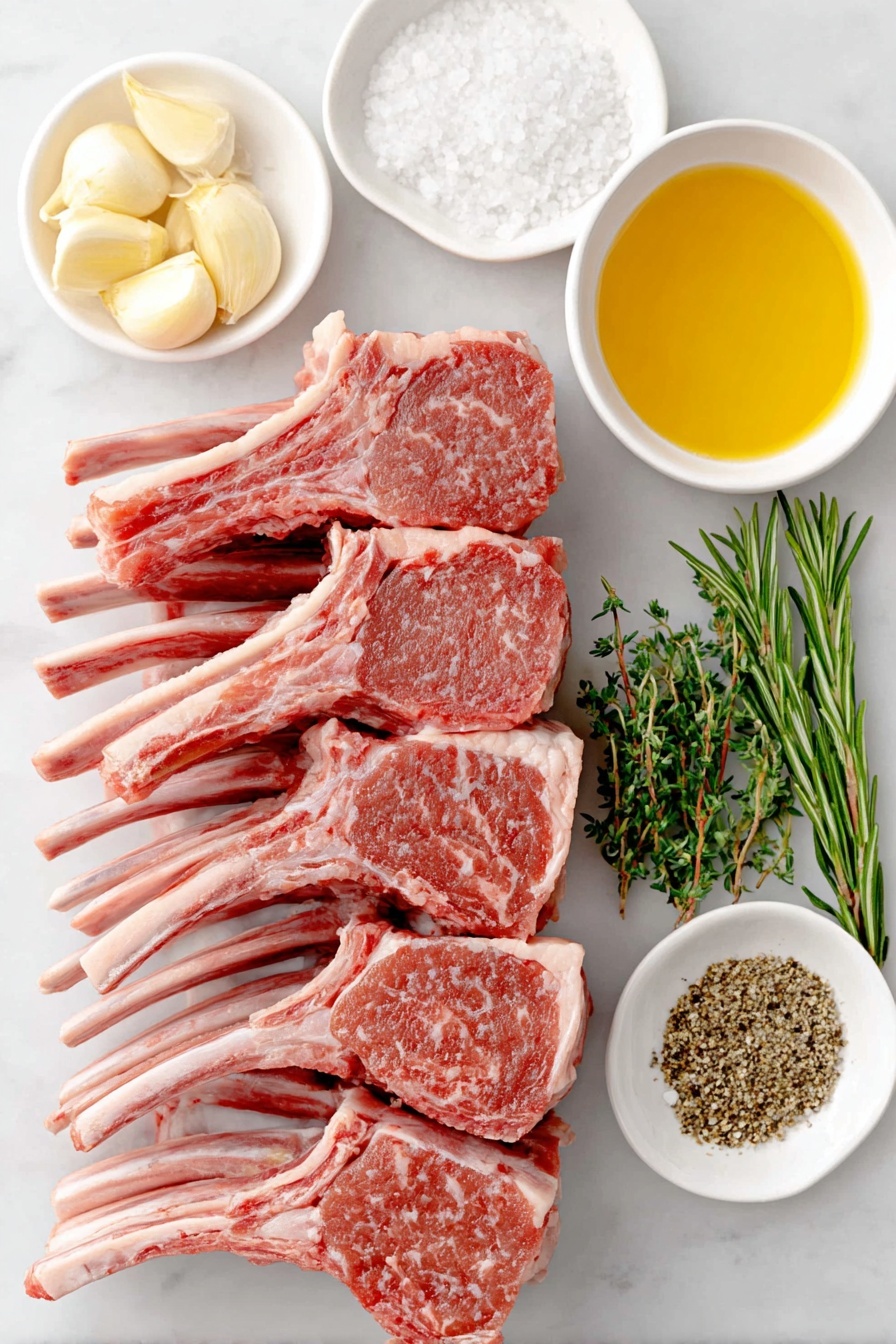 Flat lay of a fresh raw rack of lamb with eight individual lamb chops separated, a small white ceramic bowl of golden extra-virgin olive oil, three whole peeled garlic cloves, a few sprigs of fresh green rosemary, a small white bowl containing coarse kosher salt crystals, and another small white bowl with freshly ground black pepper, all arranged in perfect symmetry and balanced proportions, placed on a clean white marble surface, soft natural light, photo taken with an iPhone, professional food photography style, fresh ingredients, white ceramic bowls, no bottles, no duplicates, no utensils, no packaging --ar 2:3 --v 7 --p m7354615311229779997 - Garlic Rosemary Grilled Lamb Chops, lamb chop marinade, easy lamb recipes, grilled lamb dinner, flavorful lamb main dish