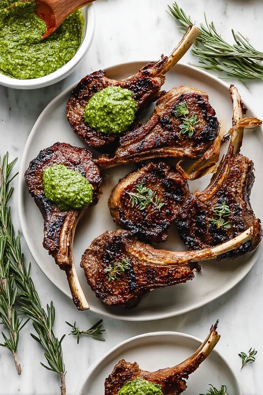 A white plate holds six grilled lamb chops with dark brown, slightly charred edges and juicy interior. Each chop shows a long bone handle, and some have small bright green herb sprigs on top. Two chops are topped with a thick dollop of bright green sauce with a rough, textured look. Around the main plate, a smaller white plate has a single chop with the same green sauce on it. To the left, a small white bowl holds more of the same sauce with a wooden spoon resting inside. The background is a white marbled texture with sprigs of fresh rosemary scattered around. photo taken with an iphone --ar 2:3 --v 7 - Garlic Rosemary Grilled Lamb Chops, lamb chop marinade, easy lamb recipes, grilled lamb dinner, flavorful lamb main dish