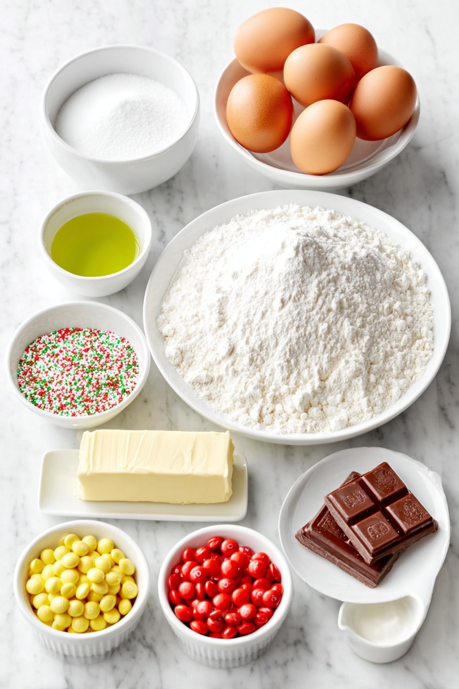 Flat lay of a small mound of all-purpose flour, a small pile of granulated sugar, three large uncracked brown eggs, a small white bowl of vegetable oil, a small white bowl of buttermilk, a small white bowl with red, green, and white holiday sprinkles, a stick of salted butter, a small white bowl of powdered sugar, a small white bowl of milk, a small white bowl of vanilla extract, a few drops of green gel food coloring on a white ceramic plate, a few drops of blue gel food coloring on a white ceramic plate, five brown mini candy-coated chocolates, a small handful of yellow mini candy-coated chocolates, a small handful of red mini candy-coated chocolates, and a piece of red sour candy belt, all placed on a clean white marble surface, soft natural light, photo taken with an iPhone, professional food photography style, fresh ingredients, white ceramic bowls, no bottles, no duplicates, no utensils, no packaging --ar 2:3 --v 7 --p m7354615311229779997 - Festive Christmas Sheet Cake with Buttercream Frosting, Christmas cake with colorful decorations, holiday sheet cake recipe, easy Christmas dessert, holiday party cake