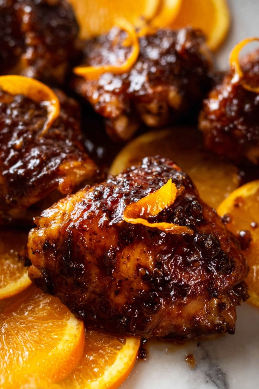 The image shows several pieces of dark brown glazed chicken thighs with a shiny, sticky sauce on their surface. Each piece has a rich, crispy texture with some blackened spots. Thin orange peel curls rest on top of some chicken pieces, adding a bright contrast. Around the chicken pieces, there are fresh orange slices with a vibrant orange color and juicy texture. The dish is set against a white marbled texture background. photo taken with an iphone --ar 2:3 --v 7 - Sticky Orange Glazed Chicken, orange glazed chicken recipe, easy orange chicken, flavorful chicken dinner, citrus glazed chicken