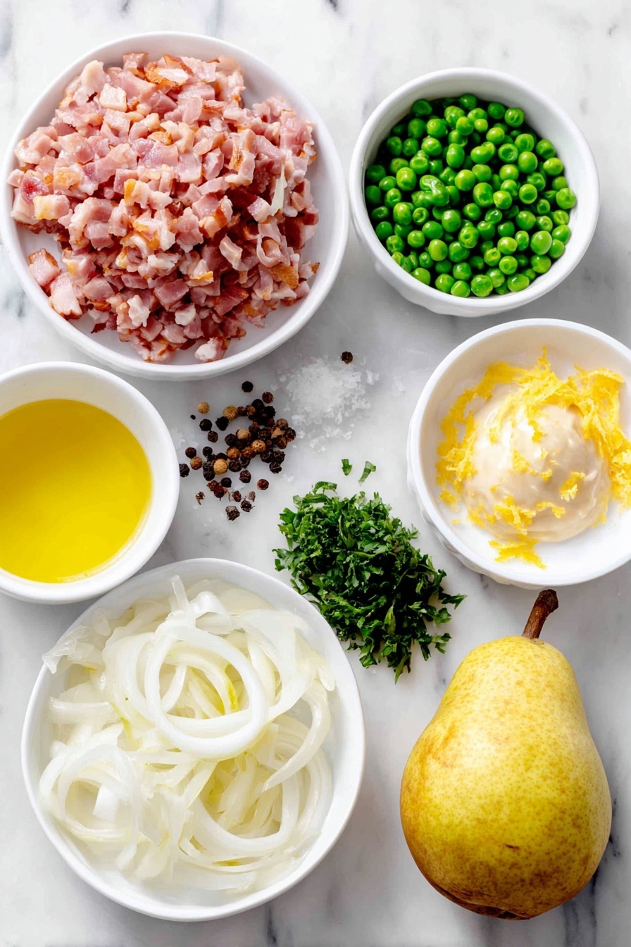 Flat lay of a small mound of diced pancetta, three halved and thinly sliced shallots arranged neatly, a small white ceramic bowl of bright green frozen peas, a fresh whole pear with smooth light yellow skin, a small white bowl of pale yellow lemon juice next to a few lemon zest curls, a small pile of roughly chopped vibrant green parsley, a few whole peppercorns scattered nearby, and a small white bowl of creamy Dijon mustard, all placed on a clean white marble surface, soft natural light, photo taken with an iPhone, professional food photography style, fresh ingredients, white ceramic bowls, no bottles, no duplicates, no utensils, no packaging --ar 2:3 --v 7 --p m7354615311229779997 - Sweet Pea and Pear Pancetta Side Dish, sweet pea and pear side dish, pancetta side dish, easy vegetable side recipe, quick side dish ideas