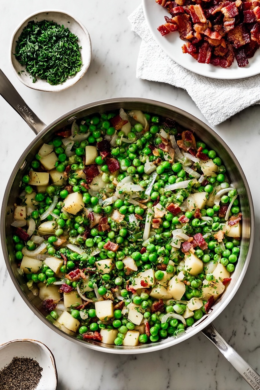 A metal pan filled with a colorful mix of bright green peas, small cubes of light beige potatoes, and thin pale strips of onions, all mixed with small pieces of browned bacon and chopped fresh dark green herbs. The pan is placed on a white marbled surface. To the top right, a white plate holds extra browned bacon pieces on a paper towel. At the bottom left, two small white dishes contain coarsely ground black pepper and more chopped fresh herbs. The scene is well-lit and shows texture clearly, photo taken with an iphone --ar 2:3 --v 7 - Sweet Pea and Pear Pancetta Side Dish, sweet pea and pear side dish, pancetta side dish, easy vegetable side recipe, quick side dish ideas