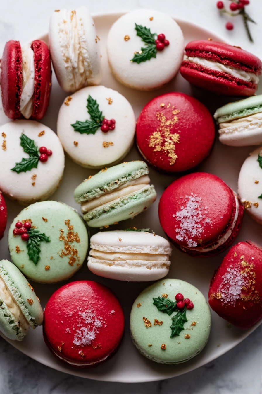 The image shows a white plate filled with colorful macarons arranged closely together on a white marbled surface. The macarons have three main colors: white with small green holly leaves and red berries on top, smooth red with a few sprinkled crumbs, and pale green with a rougher texture and some gold flakes. Some macarons are facing flat, displaying their round tops, while others show the side, revealing two smooth cookie layers sandwiching creamy filling. The overall look is festive, bright, and textured, with a mix of smooth and slightly rough surfaces. photo taken with an iphone --ar 2:3 --v 7 - Festive Christmas Macarons, Christmas macarons recipe, holiday macarons, Christmas dessert ideas, festive treat recipes