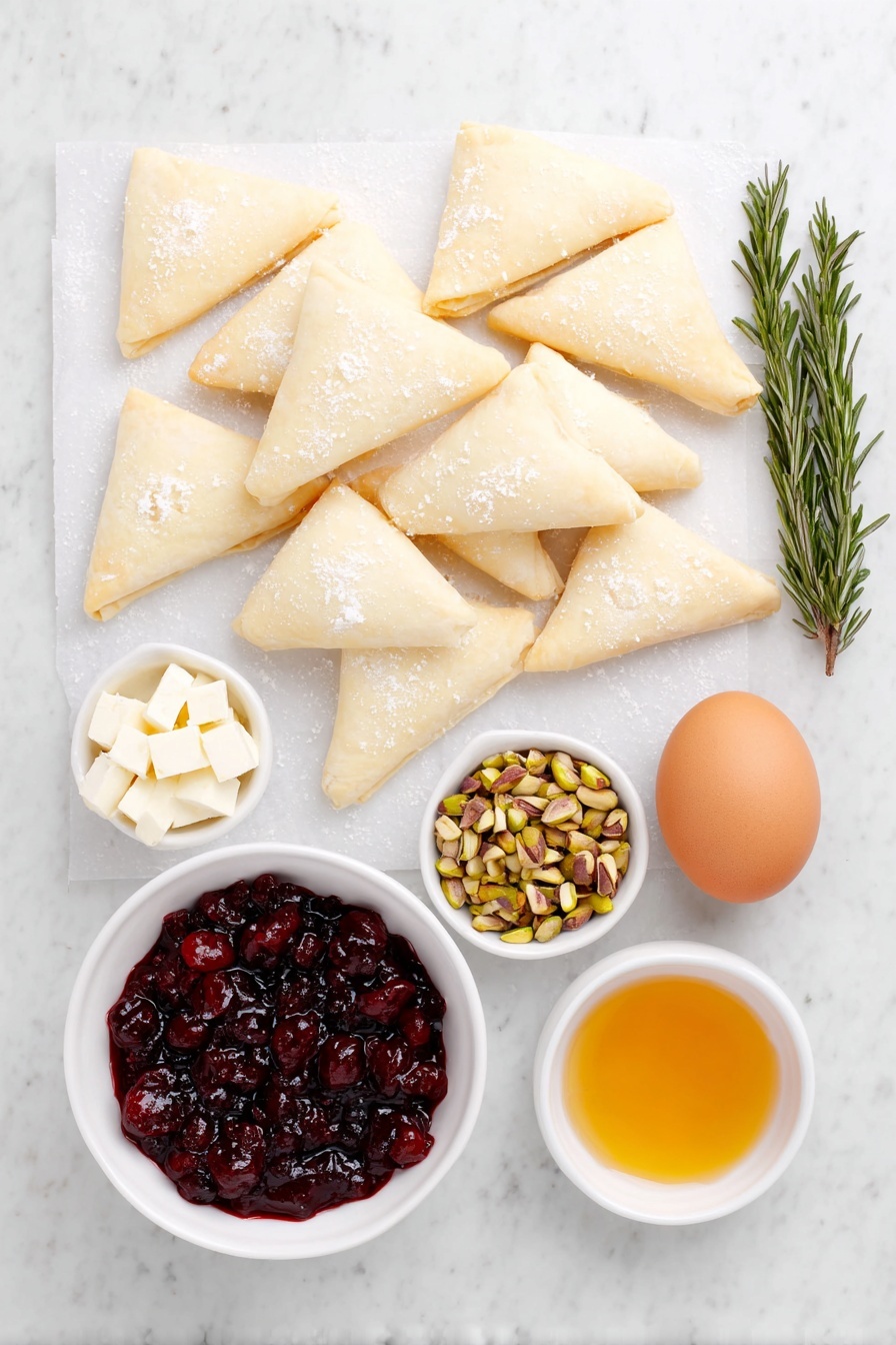 Flat lay of fresh crescent dough triangles arranged neatly, chunks of creamy brie cheese with white rind, a small white ceramic bowl filled with vibrant red cranberry sauce, a handful of shelled green pistachios, two fresh rosemary sprigs with needle-like leaves, one whole uncracked brown egg, a small white bowl with golden honey, and a pinch of coarse fleur de sel crystals scattered beside the bowls, all elements balanced symmetrically and placed on a clean white marble surface, soft natural light, photo taken with an iPhone, professional food photography style, fresh ingredients, white ceramic bowls, no bottles, no duplicates, no utensils, no packaging --ar 2:3 --v 7 --p m7354615311229779997 - Cranberry Brie Crescent Wreath, festive appetizer, holiday party finger food, easy holiday appetizer, cranberry brie appetizer