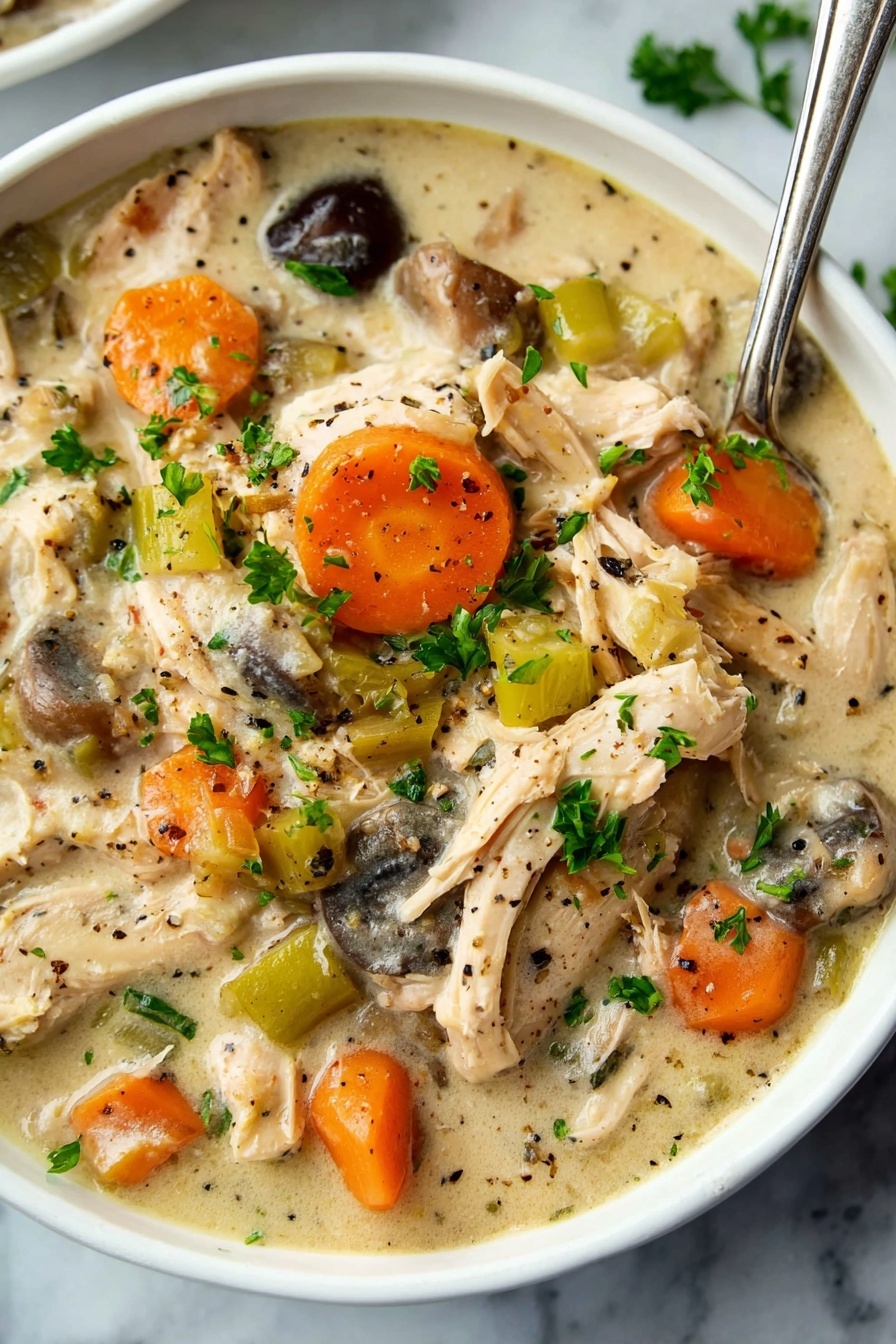 A white round bowl filled with three main layers: the bottom layer is pale, creamy mashed potatoes with a soft, slightly lumpy texture; on top is a hearty mixture of shredded light brown cooked chicken pieces, whole orange baby carrots, small dark brown mushrooms, and bits of cooked celery, all covered in a thick creamy light beige sauce with black pepper specks; arranged on one side of the bowl is a neat pile of bright green steamed green beans. A woman's hand is gently holding the bowl from the side, and a silver fork rests on the right edge of the bowl. The dish is placed on a white marbled background with small bits of fresh green parsley sprinkled around and on the food. photo taken with an iphone --ar 2:3 --v 7 - Creamy Chicken Thighs Casserole, chicken thigh casserole, creamy chicken bake, easy chicken casserole, comforting chicken dish