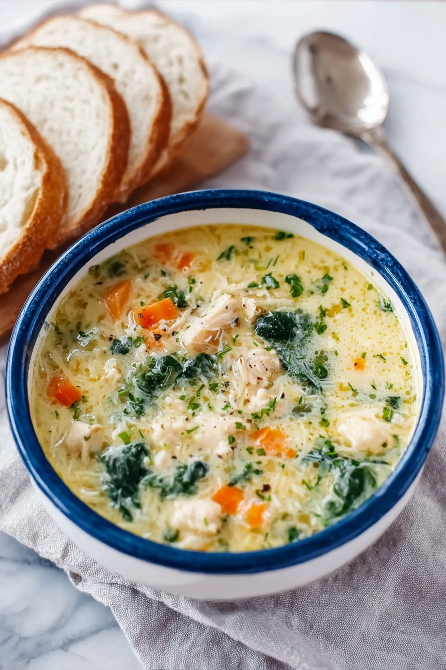 A white bowl with blue accents is filled with creamy chicken soup that has a light yellow color. The soup has small pieces of white chicken, bright orange carrot cubes, and dark green spinach leaves spread evenly throughout. There are tiny green herbs floating on top, and a slight oily shine giving it a fresh look. The bowl sits on a light gray cloth on a white marbled surface. To the left, there are three white slices of bread stacked next to the bowl, and a silver spoon lays above the bowl. Photo taken with an iphone --ar 2:3 --v 7 - Lemon Chicken Soup with Rice and Kale, healthy lemon chicken soup, nourishing chicken and kale soup, easy lemon chicken broth, hearty rice and kale soup