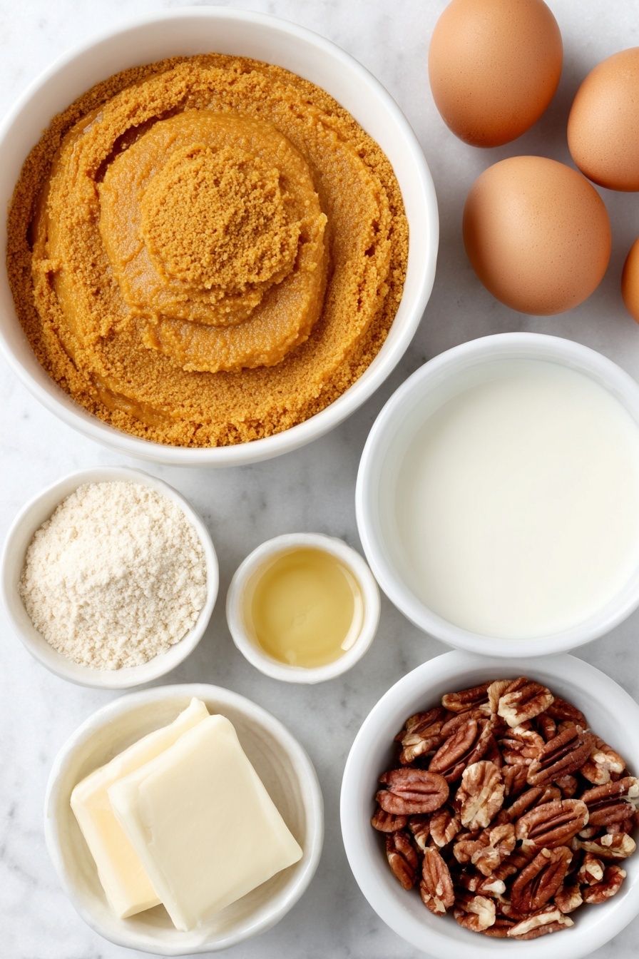Flat lay of a small white ceramic bowl filled with bright orange pumpkin pie filling, a small white bowl of creamy evaporated milk, four whole brown eggs with clean shells, a simple white ceramic bowl holding an even layer of finely ground spice cake mix in warm beige tones, a small white bowl containing melted golden butter, and a small white bowl of roughly chopped pecans arranged neatly, all ingredients fresh and natural, placed on a clean white marble surface, soft natural light, photo taken with an iPhone, professional food photography style, fresh ingredients, white ceramic bowls, no bottles, no duplicates, no utensils, no packaging --ar 2:3 --v 7 --p m7354615311229779997 - Pumpkin Dump Cake with Pecans, pumpkin dump cake, fall dessert recipes, easy pumpkin dessert, pecan cake recipe
