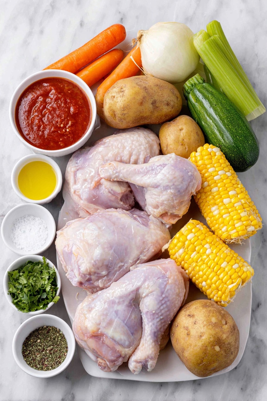 Flat lay of a small white ceramic bowl of golden olive oil, a quarter of a medium white onion roughly chopped, two bright green celery sticks chopped, four fresh large orange carrots whole, two whole uncracked garlic cloves, a small white ceramic bowl of vibrant red tomato sauce, two raw skinless boneless chicken breasts, two raw bone-in chicken legs with skin, two golden chicken bouillon cubes, a small white ceramic bowl of coarse kosher salt, a small white ceramic bowl of black peppercorns, a small white ceramic bowl of dried Mexican oregano, a small mound of freshly chopped bright green cilantro, one fresh corn on the cob sliced into five pieces showing yellow kernels, one whole chayote cut into cubes, two large russet potatoes cut into cubes with skin off, two medium zucchinis cut into cubes with rich green skin visible, a small white ceramic bowl with fresh lime juice, a small white ceramic bowl with red hot sauce, all arranged symmetrically with realistic proportions on a clean white marble surface, soft natural light, photo taken with an iPhone, professional food photography style, fresh ingredients, white ceramic bowls, no bottles, no duplicates, no utensils, no packaging --ar 2:3 --v 7 --p m7354615311229779997 - Delicious Chicken Soup, hearty chicken soup, healthy chicken soup recipe, veggie-packed chicken broth, comforting chicken soup