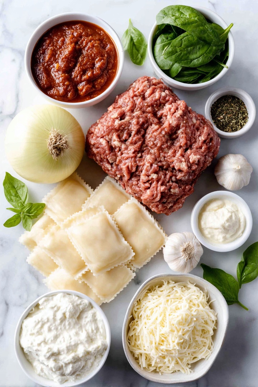 Flat lay of a small mound of fresh lean ground beef, a small mound of fresh Italian sausage, a whole yellow onion with natural texture, three whole garlic cloves unpeeled, a small white bowl of rich red tomato paste, a small white bowl of chunky homemade marinara sauce, a few fresh green parsley sprigs, dried oregano and dried basil herbs loosely scattered, a small white bowl of low sodium chicken broth, several broken pieces of fresh wide lasagna noodles, a handful of fresh bright green spinach leaves, a small white bowl of creamy ricotta cheese, a small white bowl of shredded mozzarella cheese, a small white bowl of finely grated parmesan cheese, and a few fresh basil leaves arranged symmetrically, all placed on a clean white marble surface, soft natural light, photo taken with an iPhone, professional food photography style, fresh ingredients, white ceramic bowls, no bottles, no duplicates, no utensils, no packaging --ar 2:3 --v 7 --p m7354615311229779997 - Hearty Lasagna Soup with Cheese, cheesy lasagna soup, quick lasagna soup recipe, Italian comfort food soup, easy lasagna-inspired soup