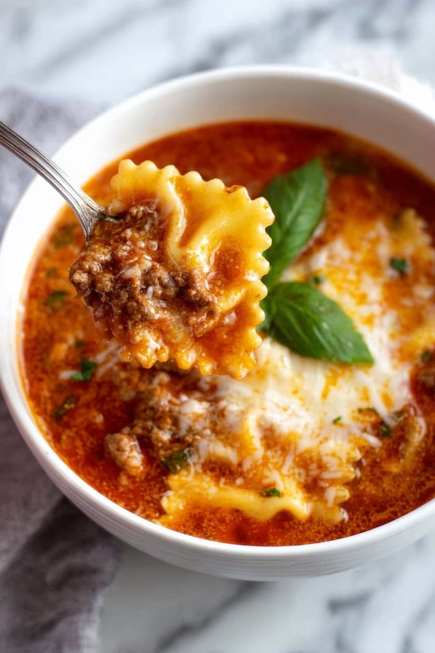A white bowl filled with a thick, reddish-brown lasagna soup with visible ground meat and melted cheese on top. There are ruffled-edge pasta pieces partially submerged in the soup, one of which is being held above the bowl by a silver spoon showing layers of sauce, meat, and cheese. A fresh green basil leaf rests on the surface of the soup. The bowl sits on a white marbled surface. Photo taken with an iphone --ar 2:3 --v 7 - Hearty Lasagna Soup with Cheese, cheesy lasagna soup, quick lasagna soup recipe, Italian comfort food soup, easy lasagna-inspired soup