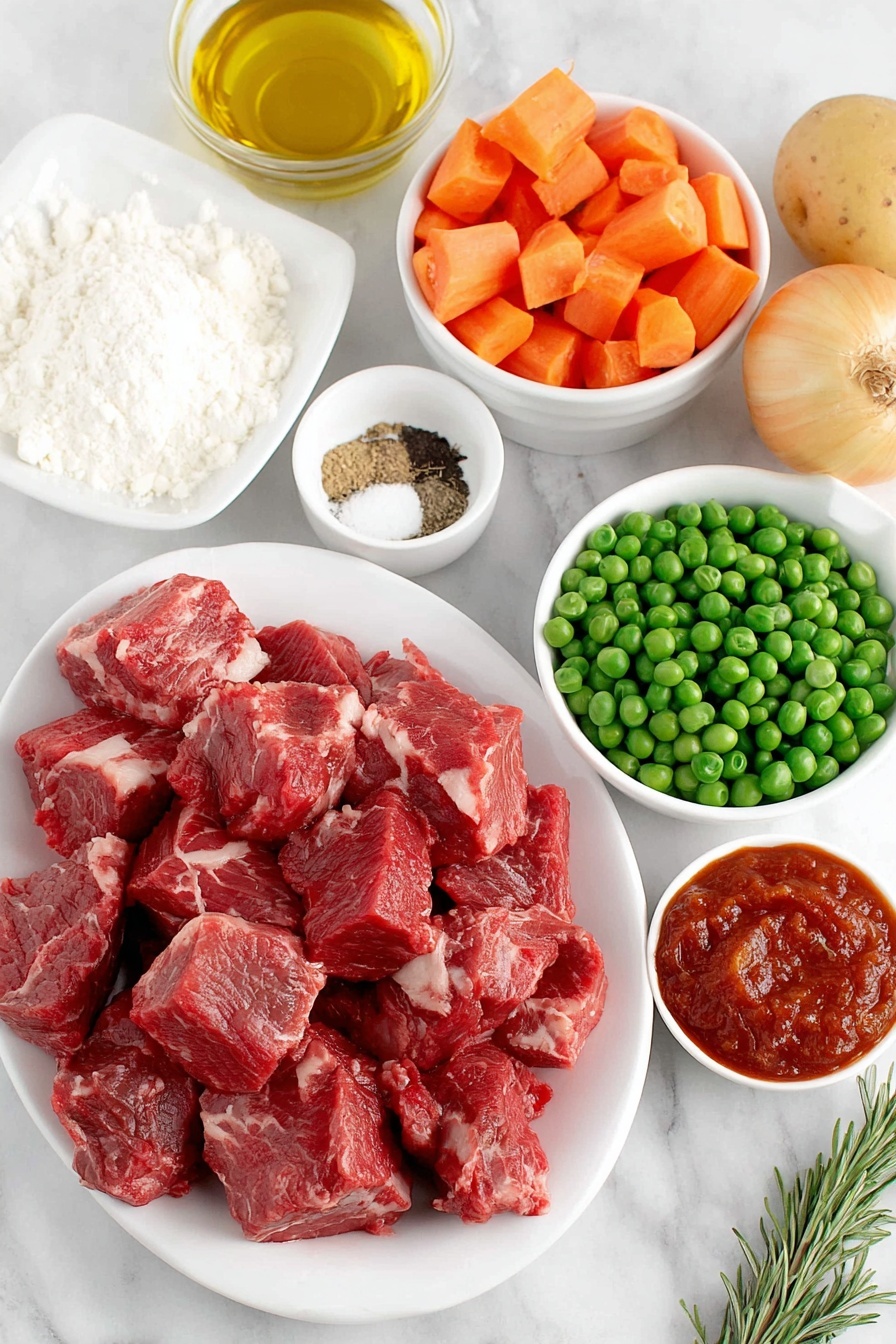 Flat lay of fresh cubed stewing beef, a small mound of all-purpose flour on a white ceramic plate, a small white bowl with garlic powder, a small white bowl with salt, a small white bowl with black pepper, a small white bowl of golden olive oil, a whole uncracked brown onion, peeled and cubed potatoes, bright orange carrot pieces, crisp celery ribs cut into chunks, a small white bowl with rich red tomato paste, a single fresh sprig of rosemary, a small white bowl of white cornstarch, a small white bowl of clear water, and fresh green peas arranged neatly on simple white ceramic dishes, all placed on a clean white marble surface, soft natural light, photo taken with an iPhone, professional food photography style, fresh ingredients, white ceramic bowls, no bottles, no duplicates, no utensils, no packaging --ar 2:3 --v 7 --p m7354615311229779997 - Hearty Beef Stew, beef stew recipe, comforting beef stew, tender beef stew, cozy stew