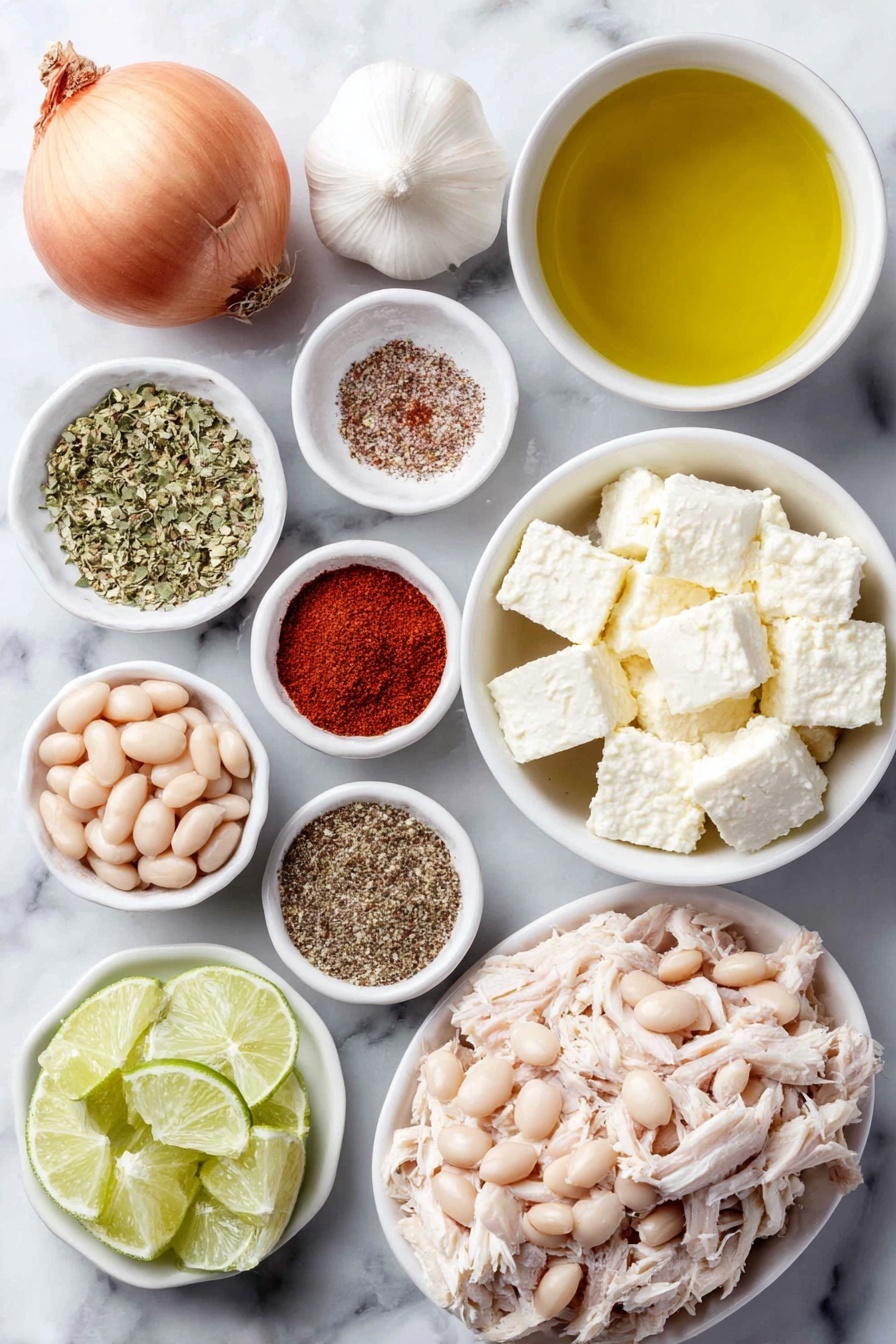 Flat lay of a small yellow onion whole with a few diced pieces nearby, two whole uncracked garlic cloves, a small white bowl of golden olive oil, a pile of shredded cooked rotisserie chicken, a small white bowl of diced green chilies, scattered dried cumin seeds beside small white bowls containing paprika, dried oregano, ground coriander, and cayenne pepper powders, a small white bowl of low-sodium chicken broth, a handful of fresh corn kernels, a small white bowl of canned cannellini beans, small cubes of fresh Neufchatel cheese on a simple white ceramic plate, a small wedge of fresh lime with a few lime wedges, and a small bunch of fresh cilantro sprigs placed symmetrically, all arranged on a clean white marble surface, soft natural light, photo taken with an iPhone, professional food photography style, fresh ingredients, white ceramic bowls, no bottles, no duplicates, no utensils, no packaging --ar 2:3 --v 7 --p m7354615311229779997 - White Chicken Chili, White Chicken Chili recipe, easy white chicken chili, best white chicken chili, creamy chicken chili