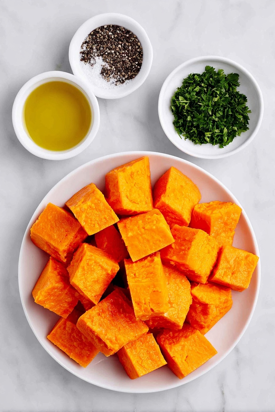 Flat lay of a small pile of bright orange butternut squash cubes, a few fresh green sprigs of chopped parsley, a small white ceramic bowl filled with golden extra-virgin olive oil, a small white ceramic bowl containing coarse sea salt, and a small white ceramic bowl with freshly ground black peppercorns, all arranged in perfect symmetry and balanced proportions, placed on a clean white marble surface, soft natural light, photo taken with an iPhone, professional food photography style, fresh ingredients, white ceramic bowls, no bottles, no duplicates, no utensils, no packaging --ar 2:3 --v 7 --p m7354615311229779997 - Roasted Butternut Squash, roasted butternut squash side dish, easy butternut squash recipe, healthy roasted squash, flavorful vegetable side