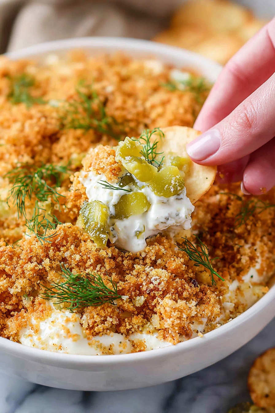 A close-up of a white bowl filled with a crumbly textured dish that has a golden brown color. The dish is topped with small bright green dill leaves and diced pale green pickles scattered throughout. A woman's hand is holding a chip dipped in a creamy, white layer beneath the crumbs, showing a smooth and soft texture with dill mixed in. The bowl is set on a white marbled surface. photo taken with an iphone --ar 2:3 --v 7 - Fried Pickle Dip, fried pickle dip recipe, easiest fried pickle dip, creamy crunchy pickle dip, party dip with pickles