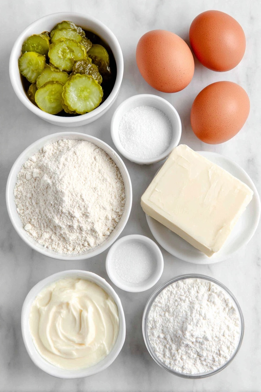 Flat lay of a small white ceramic bowl filled with chopped fresh green pickles, a small white ceramic bowl of pale green pickle juice, a simple mound of fine all-purpose flour on a pristine white ceramic plate, two whole brown eggs with smooth clean shells, a small white ceramic bowl of creamy sour cream, a neat round pat of softened butter, a small white ceramic bowl of granulated white sugar, a small white ceramic bowl of powdered sugar, a smooth block of softened cream cheese, a few fresh bright green pickle slices for garnish, all arranged in perfect symmetry on a clean white marble surface, soft natural light, photo taken with an iPhone, professional food photography style, fresh ingredients, white ceramic bowls, no bottles, no duplicates, no utensils, no packaging --ar 2:3 --v 7 --p m7354615311229779997 - Pickle Cake Cupcakes, unique cupcake recipes, savory sweet cupcakes, easy pickle cupcake idea, tangy dessert recipes