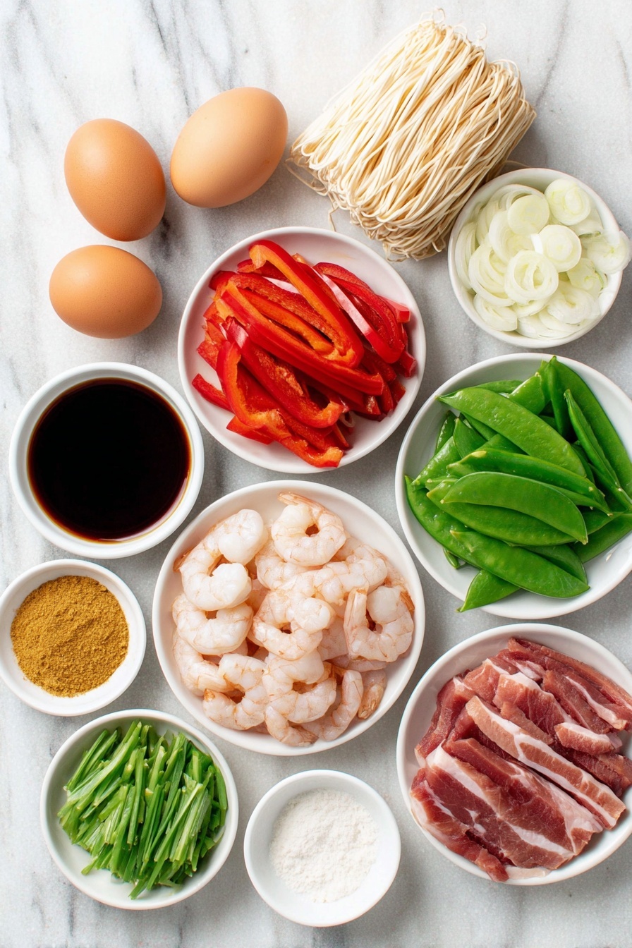 Flat lay of fresh shelled and deveined shrimp, two whole brown eggs with clean shells, a small bundle of dried rice stick noodles, thin strips of Chinese roast pork, a small pile of thinly sliced red bell pepper julienne, snow peas sliced thinly on the bias, a small heap of julienned carrot, a quarter of a medium onion very thinly sliced, two medium cloves of garlic minced, two scallions sliced very thinly on the bias, a small white ceramic bowl of golden curry powder, a small white ceramic bowl of Asian fish sauce, a small white ceramic bowl of soy sauce, a small white ceramic bowl of Shaoxing wine, a small white ceramic bowl of toasted sesame oil, a small white ceramic bowl of canola oil, and a small white ceramic bowl with a pinch of white pepper and a pinch of sugar placed neatly on a clean white marble surface, soft natural light, photo taken with an iPhone, professional food photography style, fresh ingredients, white ceramic bowls, no bottles, no duplicates, no utensils, no packaging --ar 2:3 --v 7 --p m7354615311229779997 - Singapore Rice Noodles with Shrimp and Curry, Asian noodle stir-fry, shrimp curry rice noodles, quick Singaporean noodle dish, flavorful shrimp rice noodles