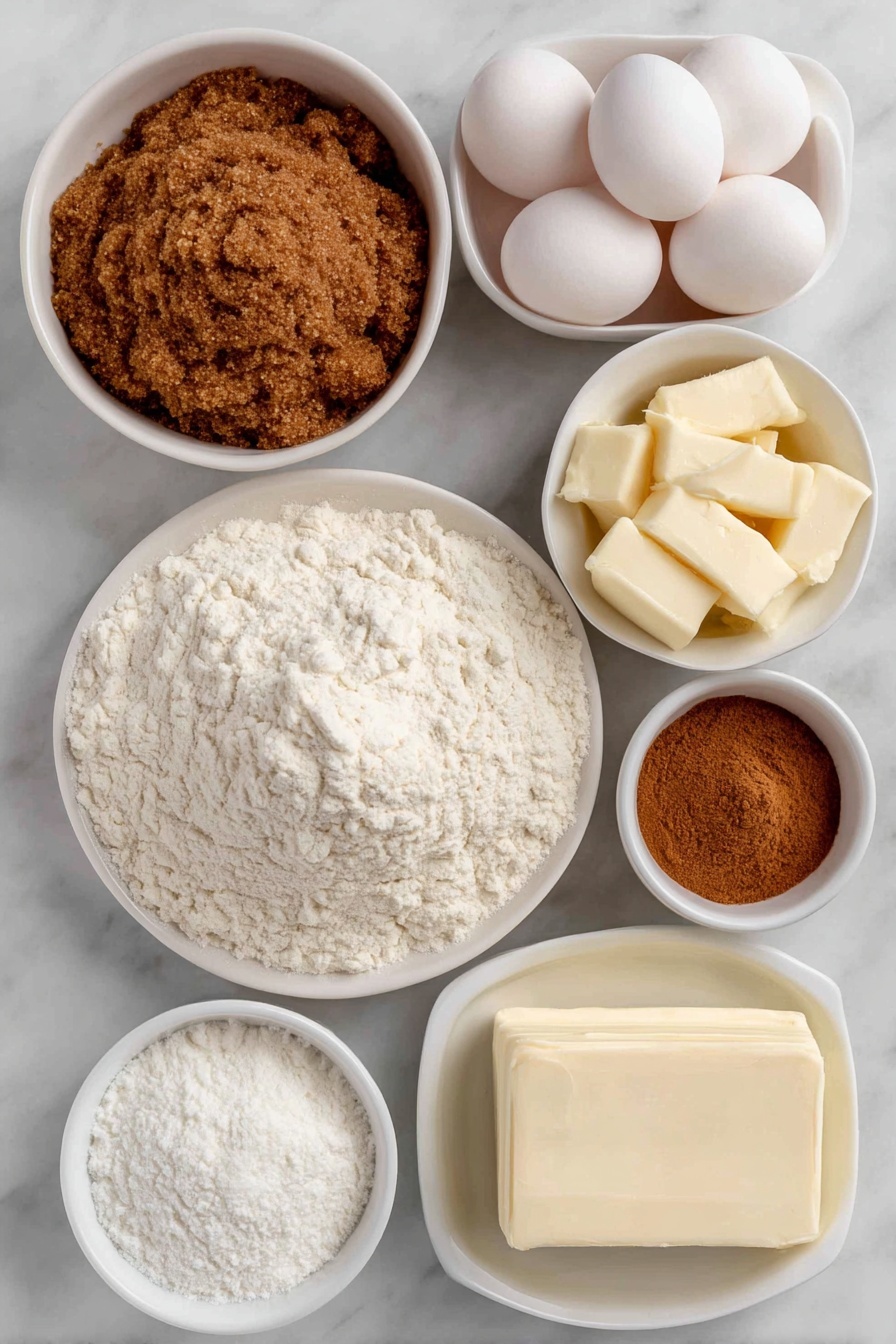 Flat lay of a small mound of all-purpose flour on a simple white ceramic plate, a small white bowl filled with warm brown packed brown sugar, another small white bowl containing fine granulated sugar, four whole large eggs with clean shells arranged neatly, a small white bowl holding softened pale yellow butter, a small white bowl of smooth bright orange pumpkin puree, a tiny white bowl with light brown pumpkin pie spice powder, a small white bowl with white powdered sugar, a small white bowl of ivory cream cheese block, and a small white bowl of pure vanilla extract liquid, all ingredients fresh and natural, perfectly symmetrical layout, placed on a clean white marble surface, soft natural light, photo taken with an iPhone, professional food photography style, fresh ingredients, white ceramic bowls, no bottles, no duplicates, no utensils, no packaging --ar 2:3 --v 7 --p m7354615311229779997 - Pumpkin Spice Cupcake, fall cupcake recipes, pumpkin dessert ideas, cozy autumn treats, pumpkin spice baking
