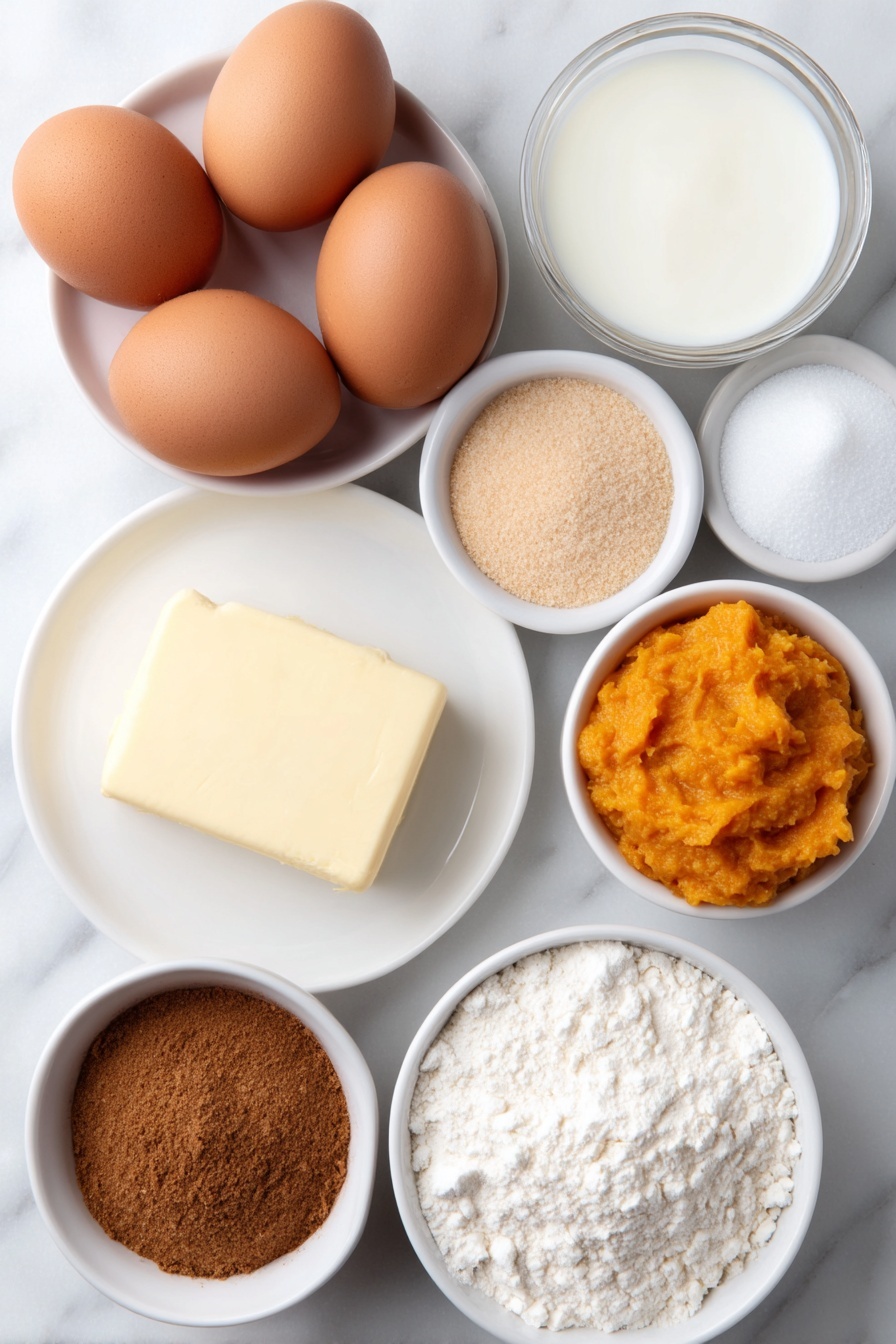 Flat lay of three whole uncracked brown eggs with smooth clean shells, a small pat of golden butter on a white ceramic plate, a small white bowl of bright orange pumpkin puree, a small white bowl of fine white sugar, a small white bowl of light brown soft brown sugar, a small white bowl of creamy white milk, a small white bowl of fine pale yellow corn starch powder, and tiny piles of ground cinnamon, ground ginger, ground nutmeg, and a pinch of allspice each gracefully arranged on a simple white ceramic dish, all ingredients fresh and natural, perfectly symmetrical layout, placed on a clean white marble surface, soft natural light, photo taken with an iPhone, professional food photography style, fresh ingredients, white ceramic bowls, no bottles, no duplicates, no utensils, no packaging --ar 2:3 --v 7 --p m7354615311229779997 - Pumpkin Souffle, pumpkin dessert, airy pumpkin souffle, autumn pumpkin recipes, elegant fall desserts